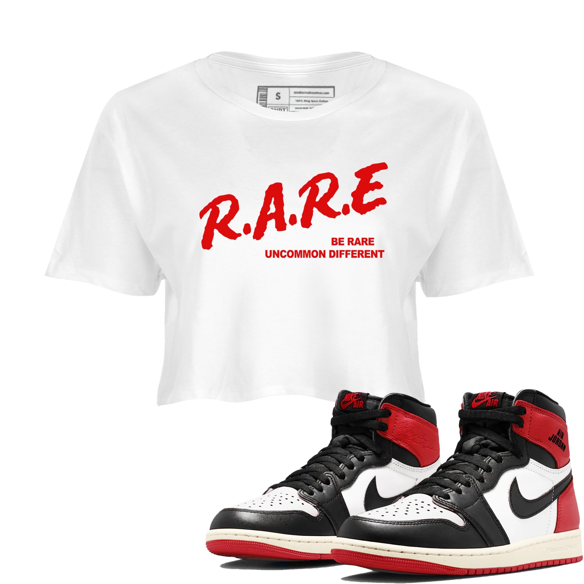 1s Black Toe Reimagined shirts to match jordans Be Rare Uncommon Different sneaker match tees Air Jordan 1 Black Toe Reimagined match shoes to clothes SNRT Sneaker Tees unisex cotton White 1 crop tee
