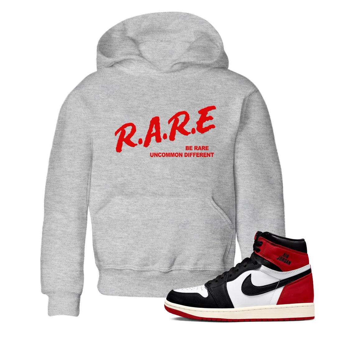 1s Black Toe Reimagined shirts to match jordans Be Rare Uncommon Different sneaker match tees Air Jordan 1 Black Toe Reimagined match shoes to clothes SNRT Sneaker Tees Youth Baby Heather Grey 1 tee