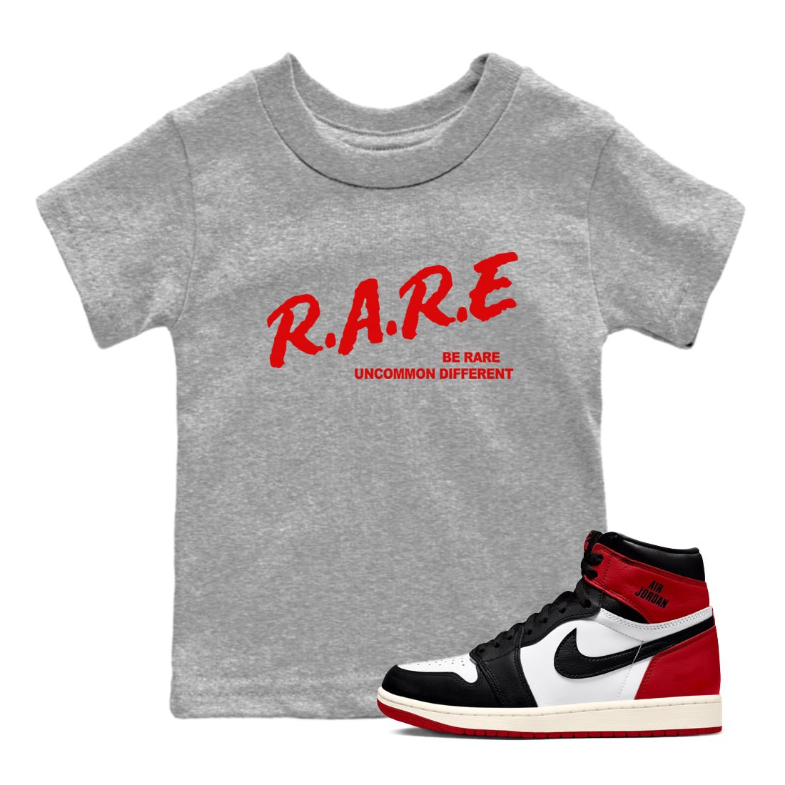 1s Black Toe Reimagined shirts to match jordans Be Rare Uncommon Different sneaker match tees Air Jordan 1 Black Toe Reimagined match shoes to clothes SNRT Sneaker Tees Youth Baby Heather Grey 1 tee
