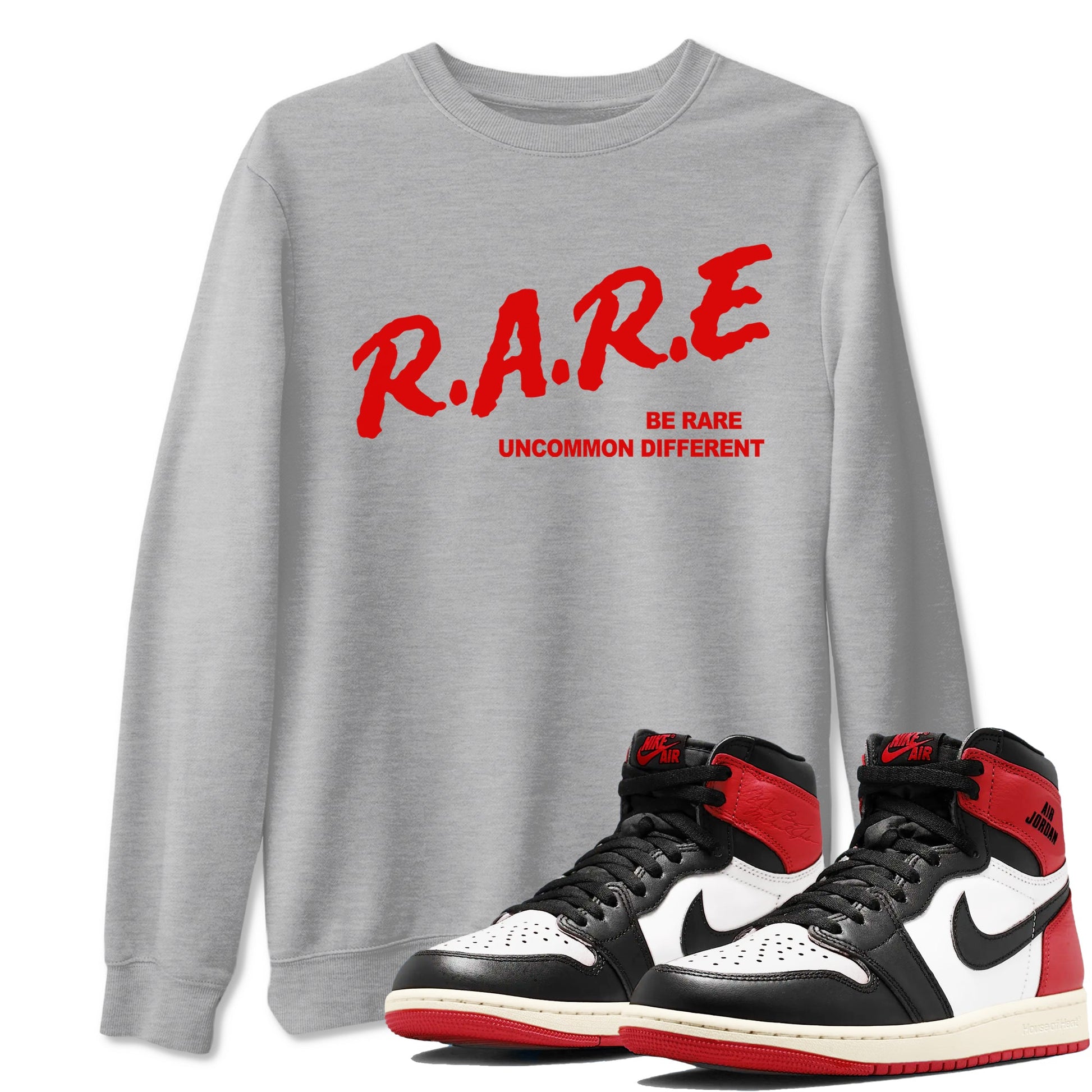 1s Black Toe Reimagined shirts to match jordans Be Rare Uncommon Different sneaker match tees Air Jordan 1 Black Toe Reimagined match shoes to clothes SNRT Sneaker Tees unisex cotton Heather Grey 1 shirts