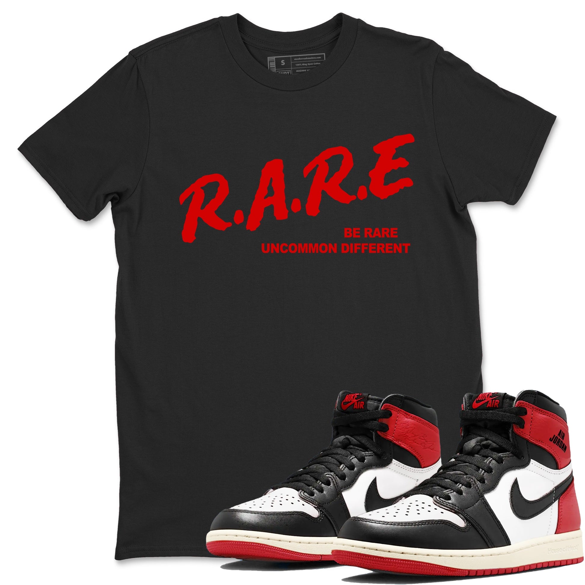 1s Black Toe Reimagined shirts to match jordans Be Rare Uncommon Different sneaker match tees Air Jordan 1 Black Toe Reimagined match shoes to clothes SNRT Sneaker Tees unisex cotton Black 1 shirts