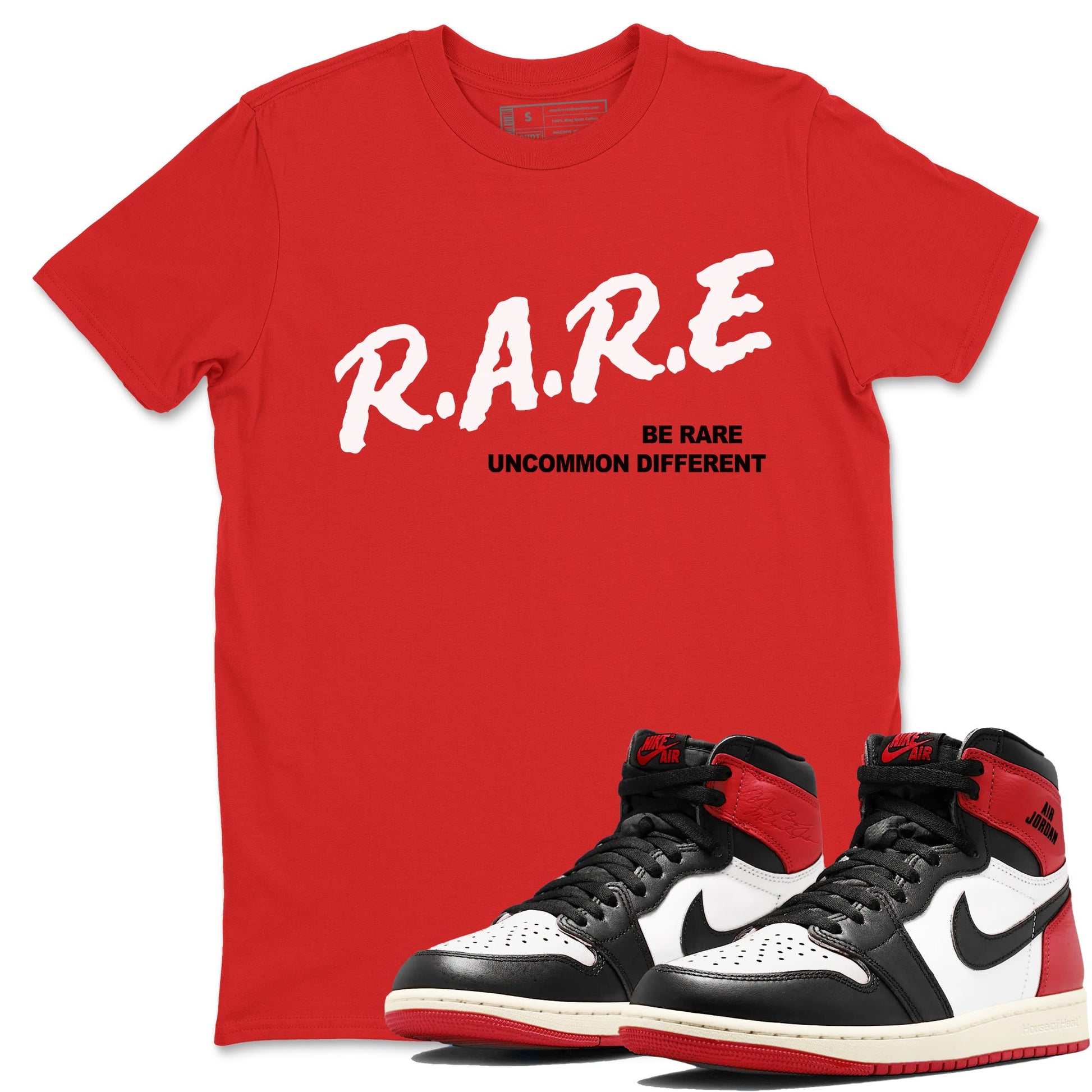 1s Black Toe Reimagined shirts to match jordans Be Rare Uncommon Different sneaker match tees Air Jordan 1 Black Toe Reimagined match shoes to clothes SNRT Sneaker Tees unisex cotton Red 1 shirts