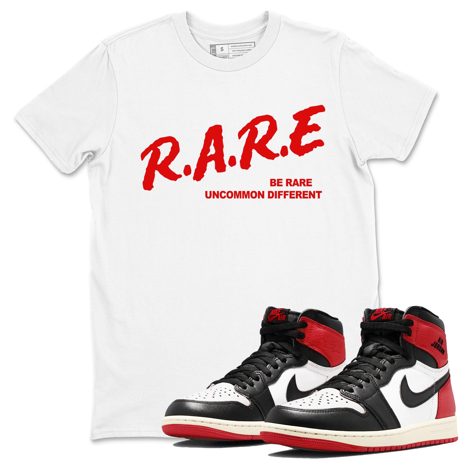 1s Black Toe Reimagined shirts to match jordans Be Rare Uncommon Different sneaker match tees Air Jordan 1 Black Toe Reimagined match shoes to clothes SNRT Sneaker Tees unisex cotton White 1 shirts