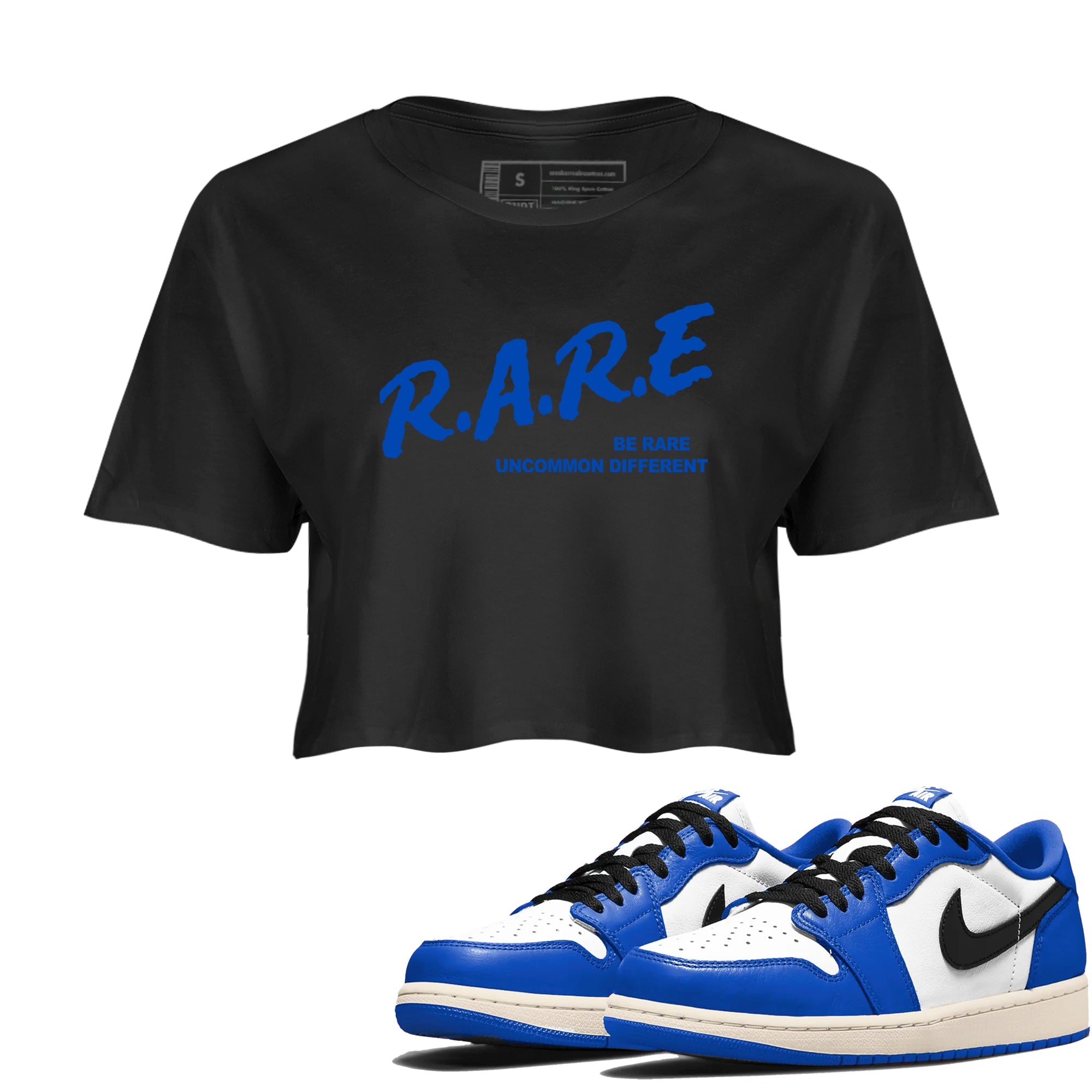 1s Game Royal shirts to match jordans Be Rare Uncommon Different sneaker match tees Air Jordan 1 Game Royal match shoes to clothes SNRT Sneaker Tees unisex cotton Black 1 crop tee