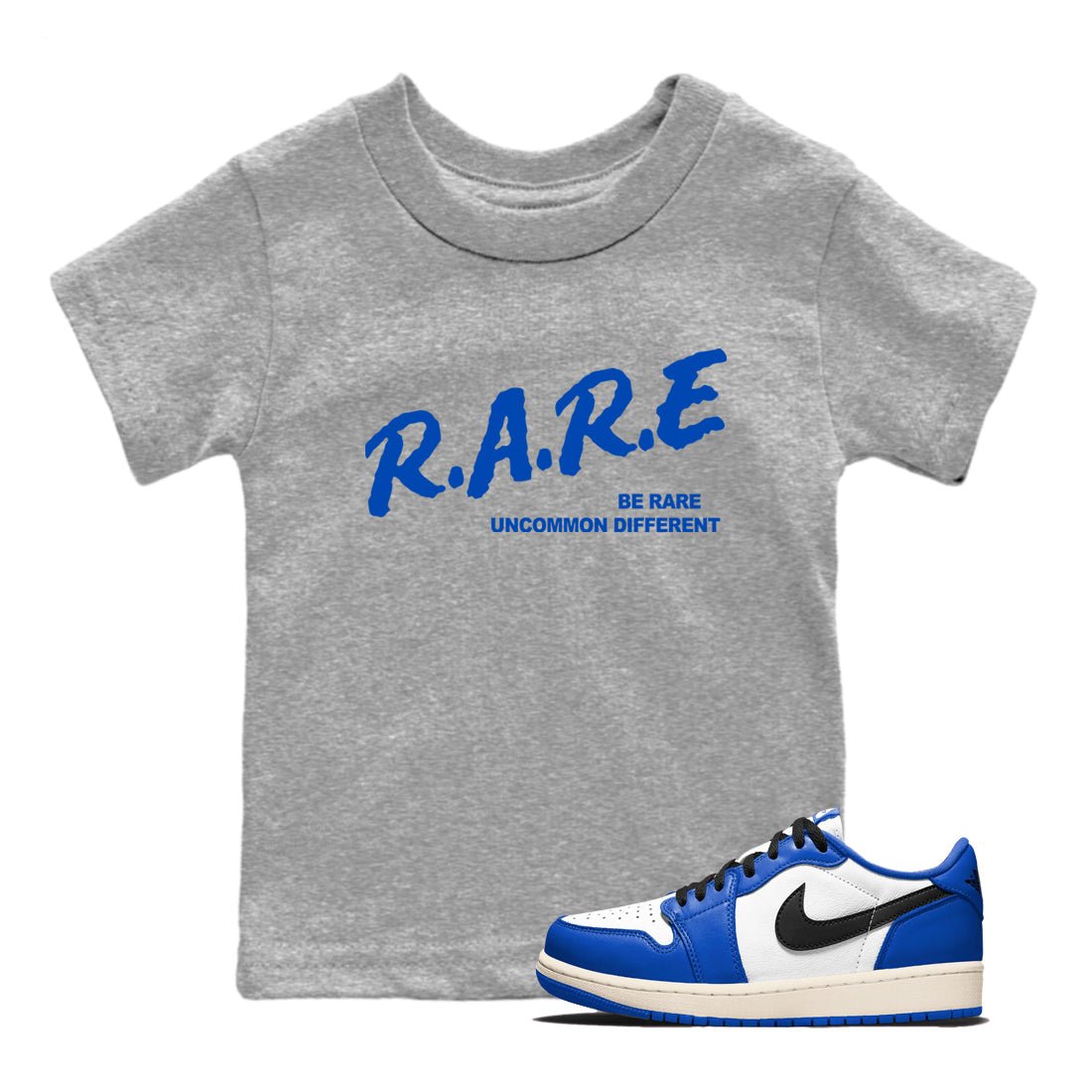 1s Game Royal shirts to match jordans Be Rare Uncommon Different sneaker match tees Air Jordan 1 Game Royal match shoes to clothes SNRT Sneaker Tees Youth Baby Heather Grey 1 tee