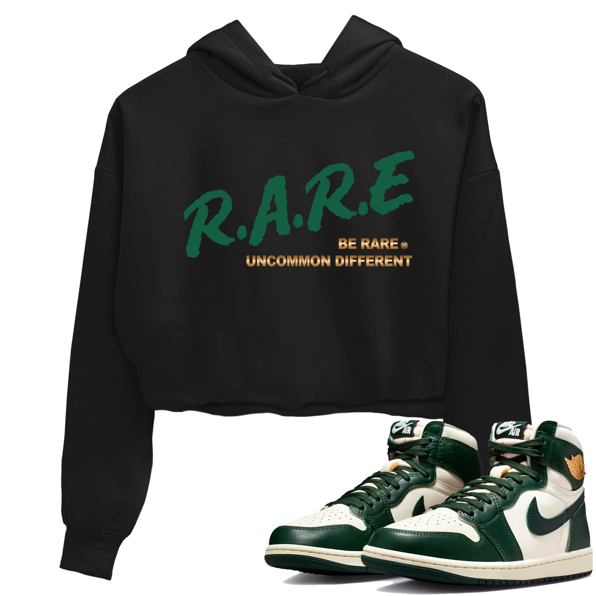 Sneaker Threads – Sneaker Tees To Match Air Jordan 1 Pro Green – Be Rare Uncommon Different Crop Tee Black 1. Perfect for Jordan releases 2025 colorways.