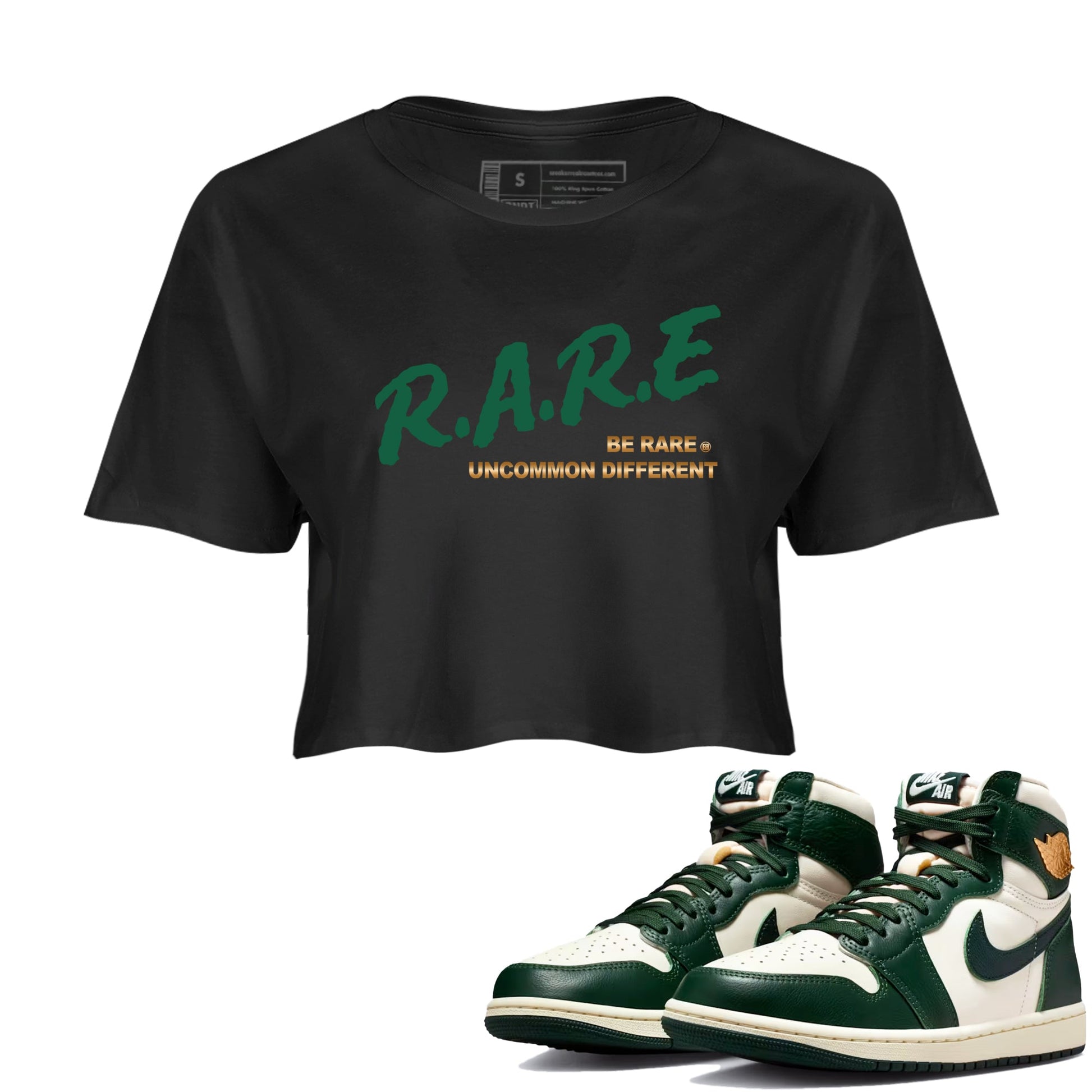 Sneaker Threads – Sneaker Tees To Match Air Jordan 1 Pro Green – Be Rare Uncommon Different Crop Tee Black 1. Perfect for Jordan releases 2025 colorways.