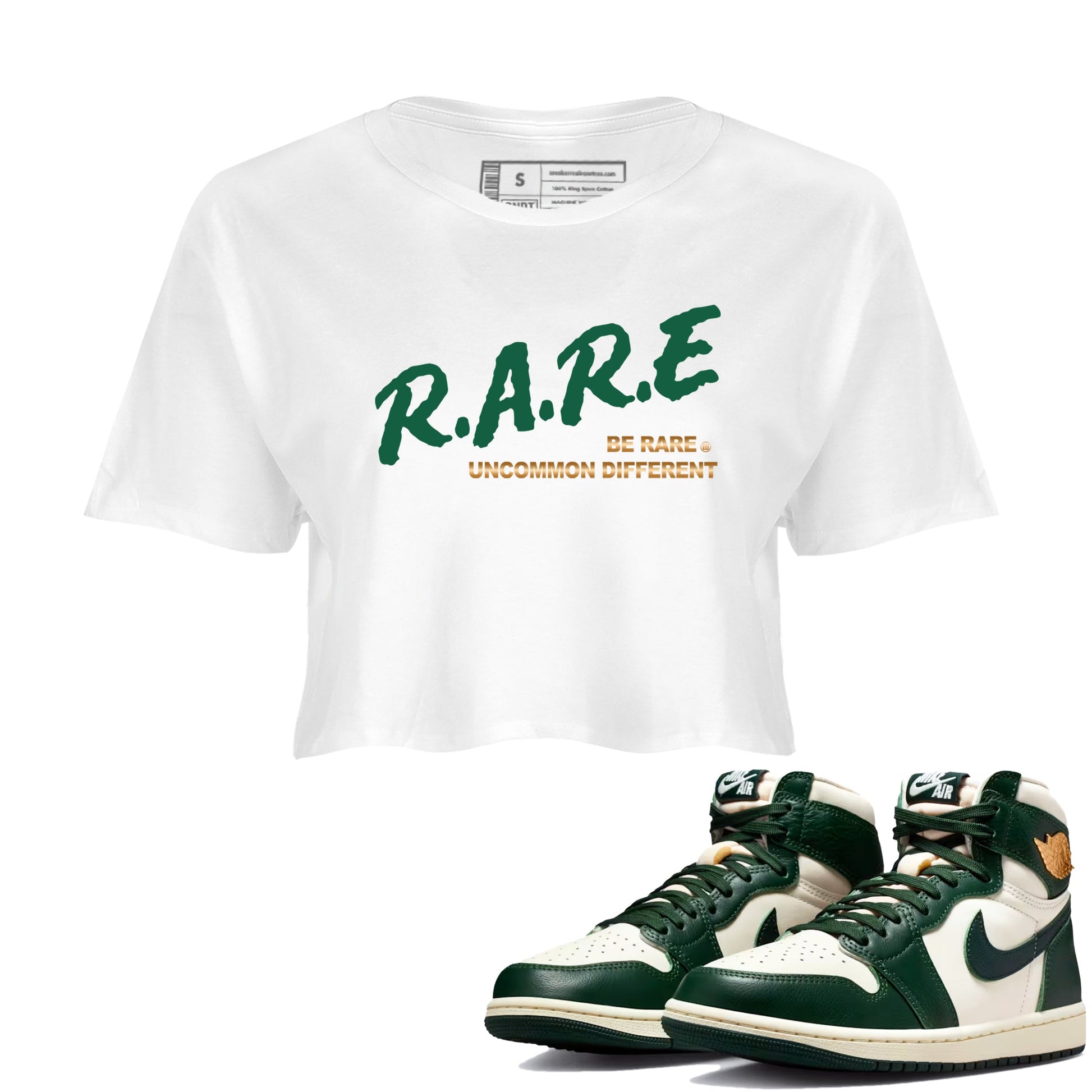 Sneaker Threads – Sneaker Tees To Match Air Jordan 1 Pro Green – Be Rare Uncommon Different Crop Tee White 1. Perfect for Jordan releases 2025 colorways.