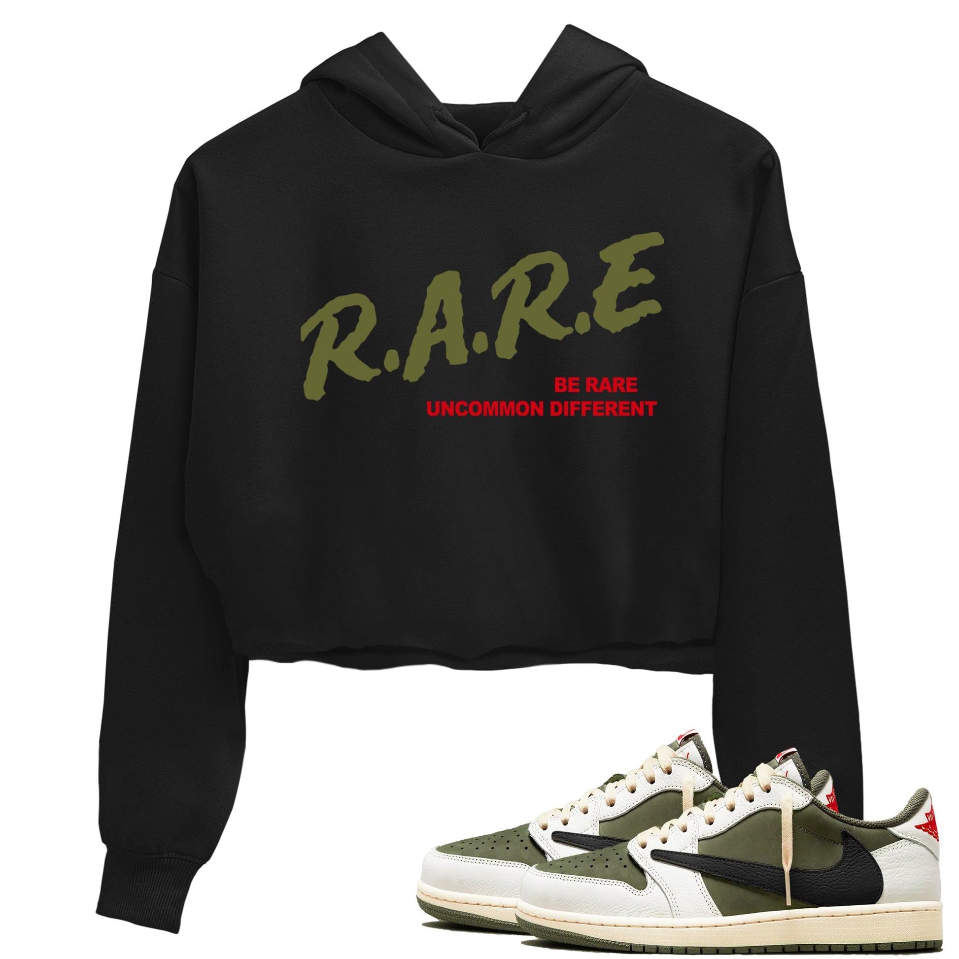 1s Travis Scott Medium Olive shirts to match jordans Be Rare Uncommon Different sneaker match tees Air Jordan 1 Travis Scott Medium Olive match shoes to clothes SNRT Sneaker Tees unisex cotton Black 1 crop tee