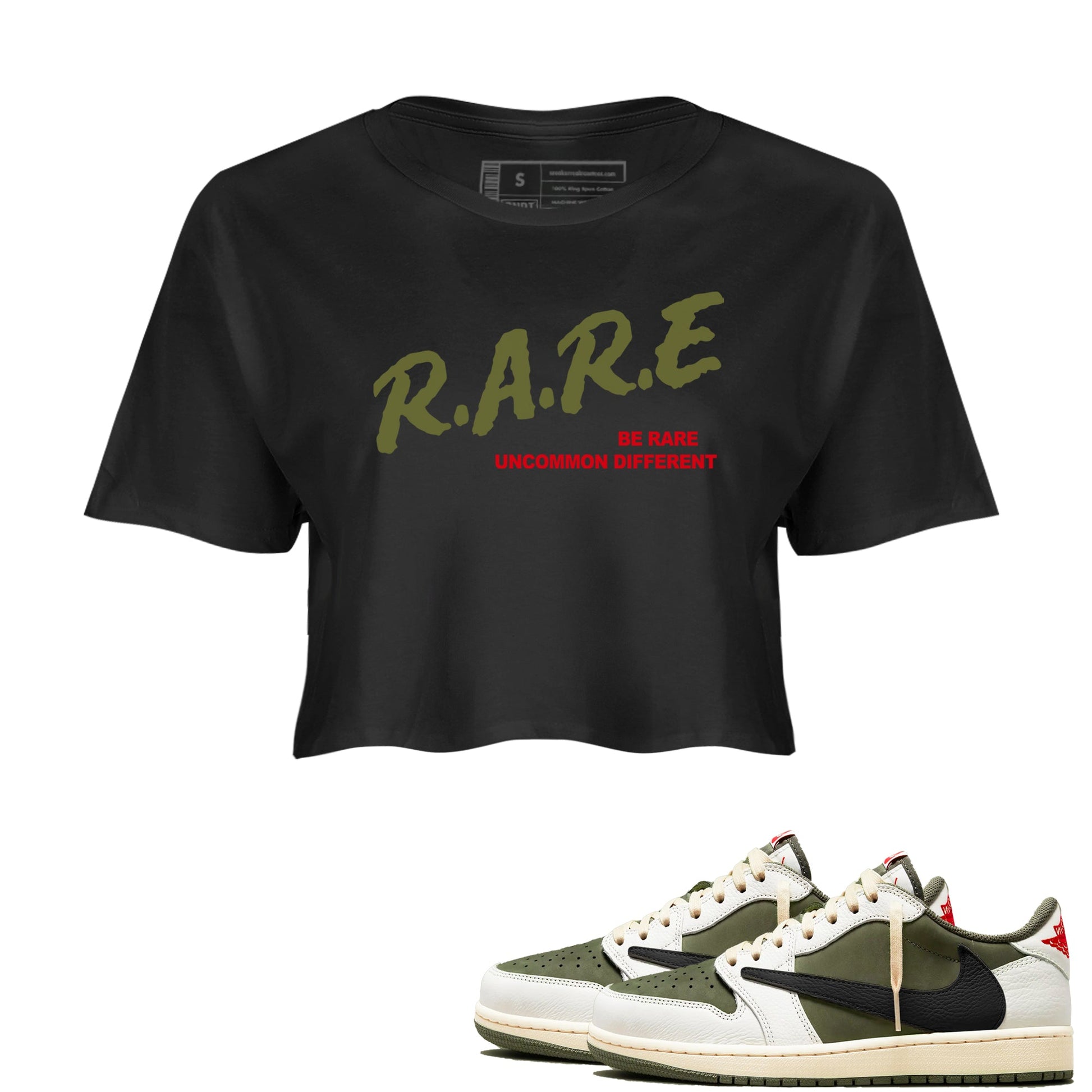 1s Travis Scott Medium Olive shirts to match jordans Be Rare Uncommon Different sneaker match tees Air Jordan 1 Travis Scott Medium Olive match shoes to clothes SNRT Sneaker Tees unisex cotton Black 1 crop tee