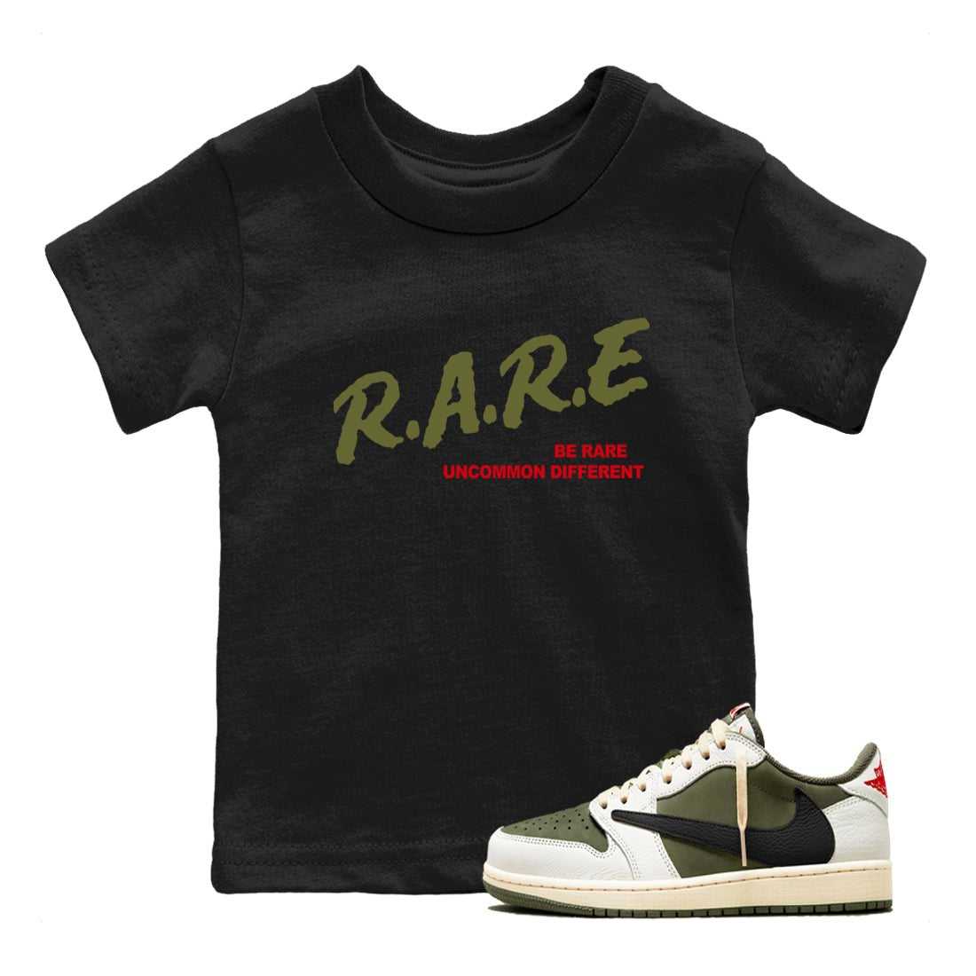 1s Travis Scott Medium Olive shirts to match jordans Be Rare Uncommon Different sneaker match tees Air Jordan 1 Travis Scott Medium Olive match shoes to clothes SNRT Sneaker Tees Youth Baby Black 1 tee