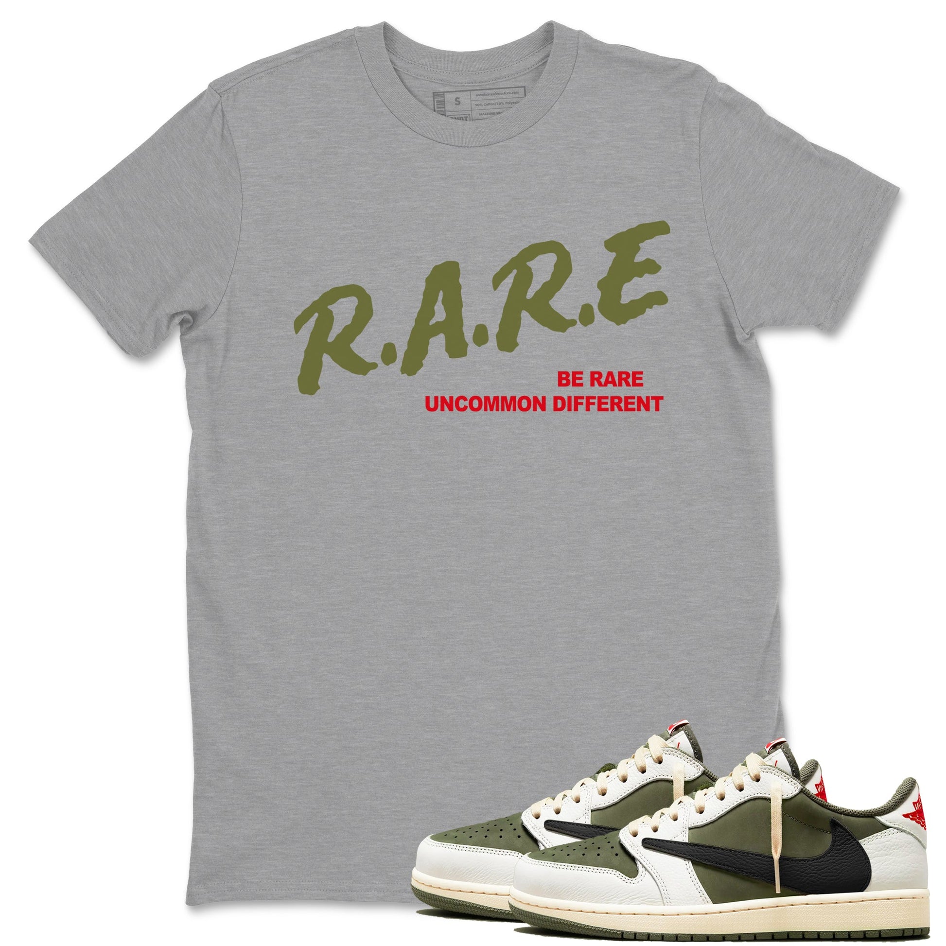 1s Travis Scott Medium Olive shirts to match jordans Be Rare Uncommon Different sneaker match tees Air Jordan 1 Travis Scott Medium Olive match shoes to clothes SNRT Sneaker Tees unisex cotton Heather Grey 1 shirts