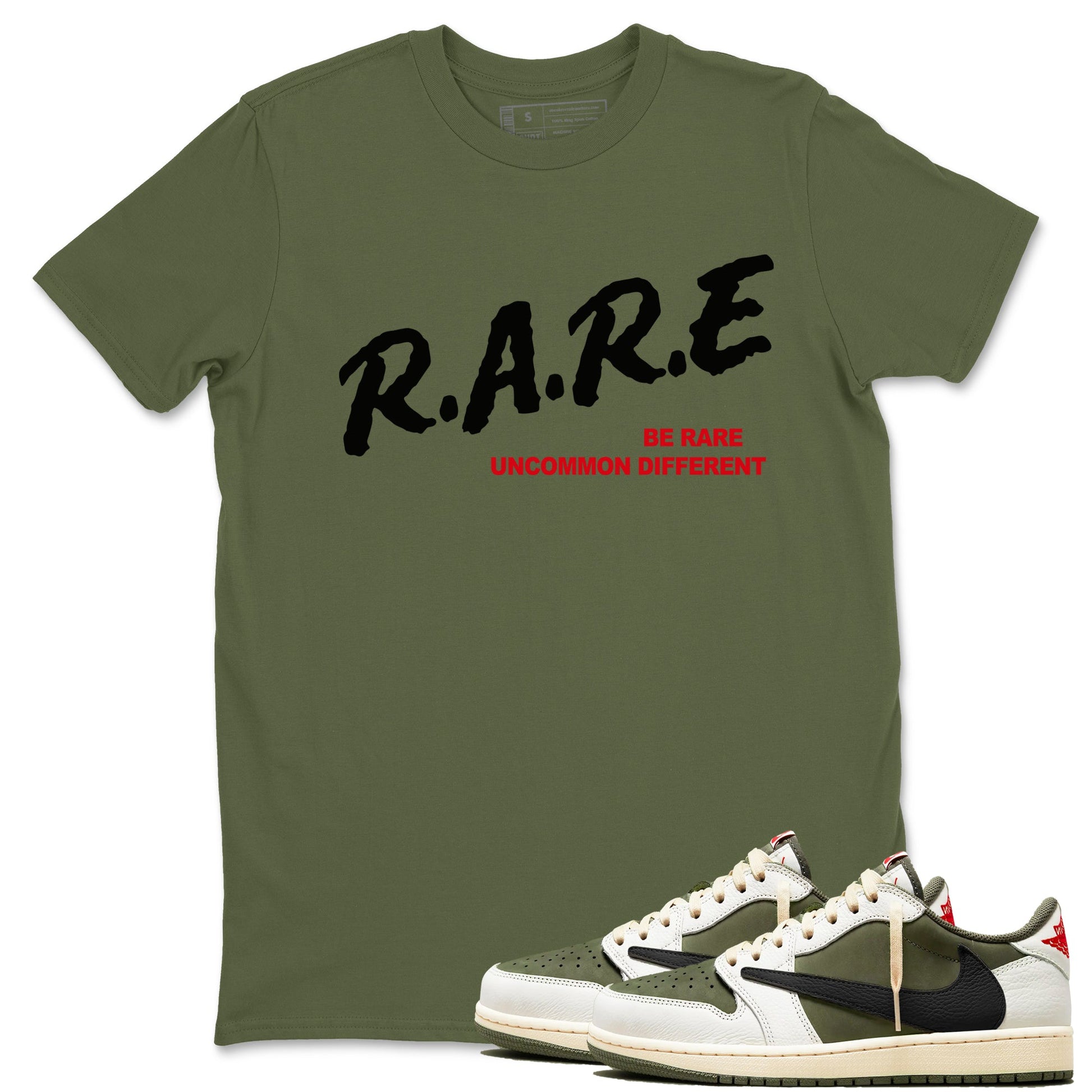 1s Travis Scott Medium Olive shirts to match jordans Be Rare Uncommon Different sneaker match tees Air Jordan 1 Travis Scott Medium Olive match shoes to clothes SNRT Sneaker Tees unisex cotton Military Green 1 shirts