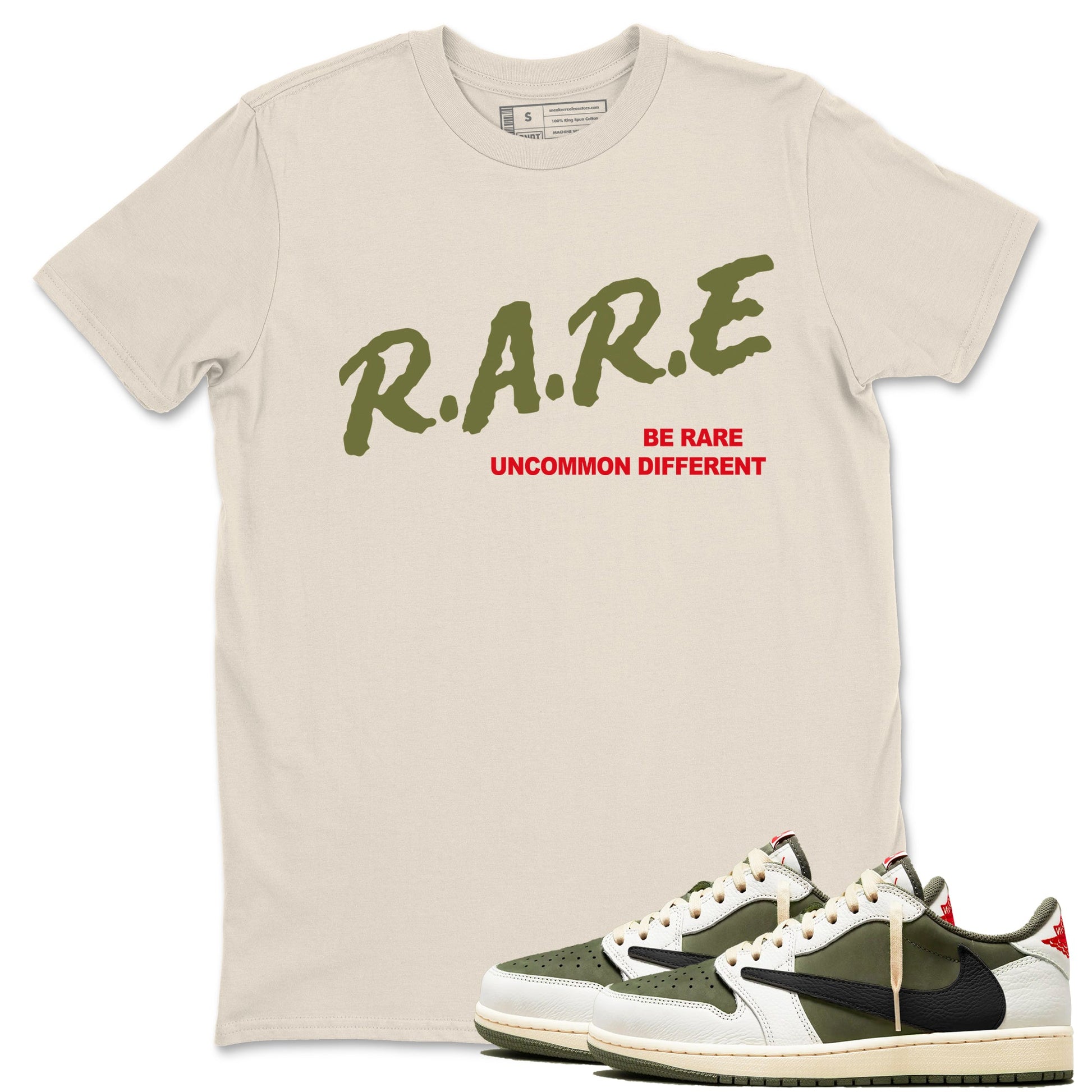 1s Travis Scott Medium Olive shirts to match jordans Be Rare Uncommon Different sneaker match tees Air Jordan 1 Travis Scott Medium Olive match shoes to clothes SNRT Sneaker Tees unisex cotton Natural 1 shirts