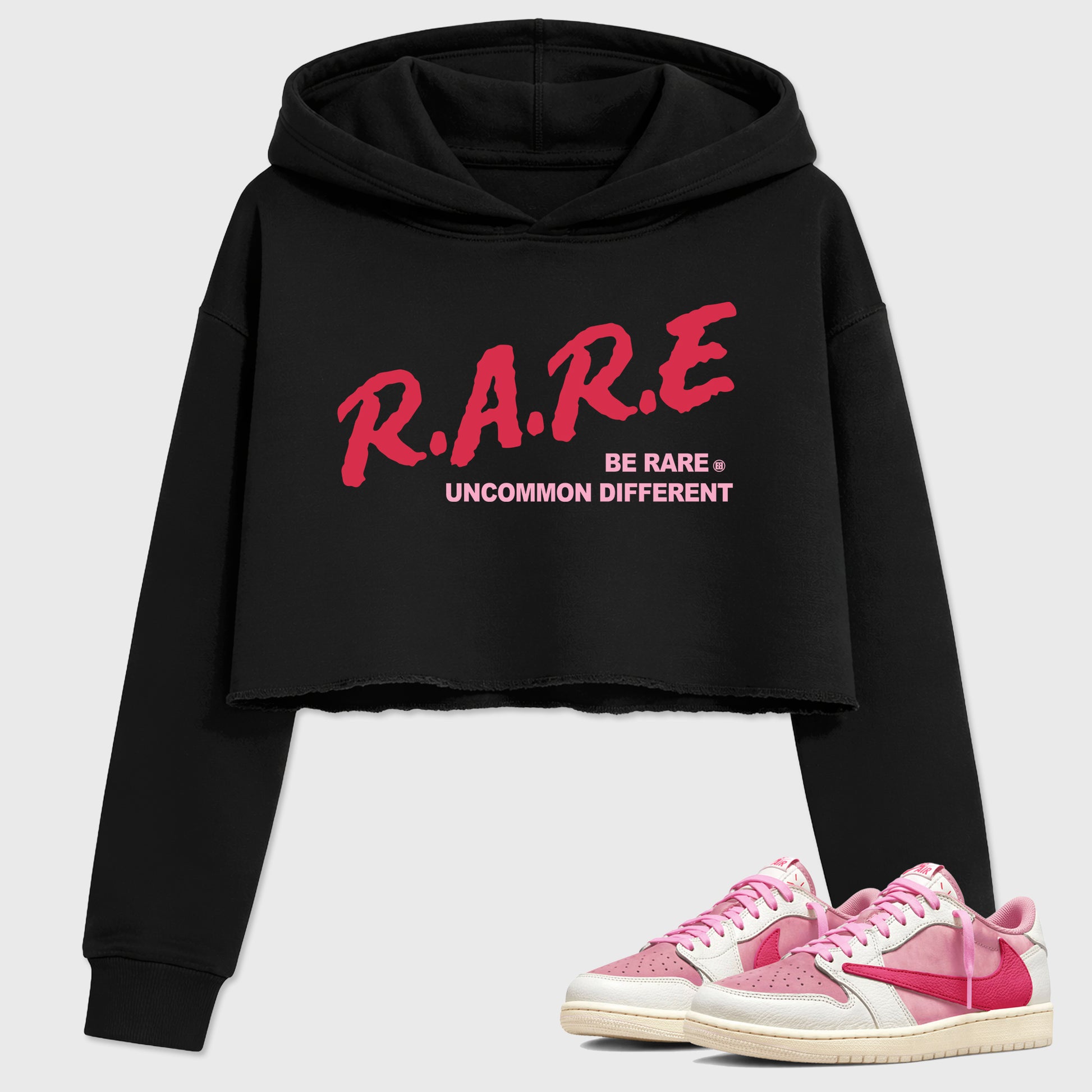Perfect Sneakerhead Fashion Outfits – Sneaker Tees To Match Air Jordan 1 Low OG x Travis Scott Tropical Pink Shoes – Be Rare Uncommon Different Graphic Crop Top Black 1