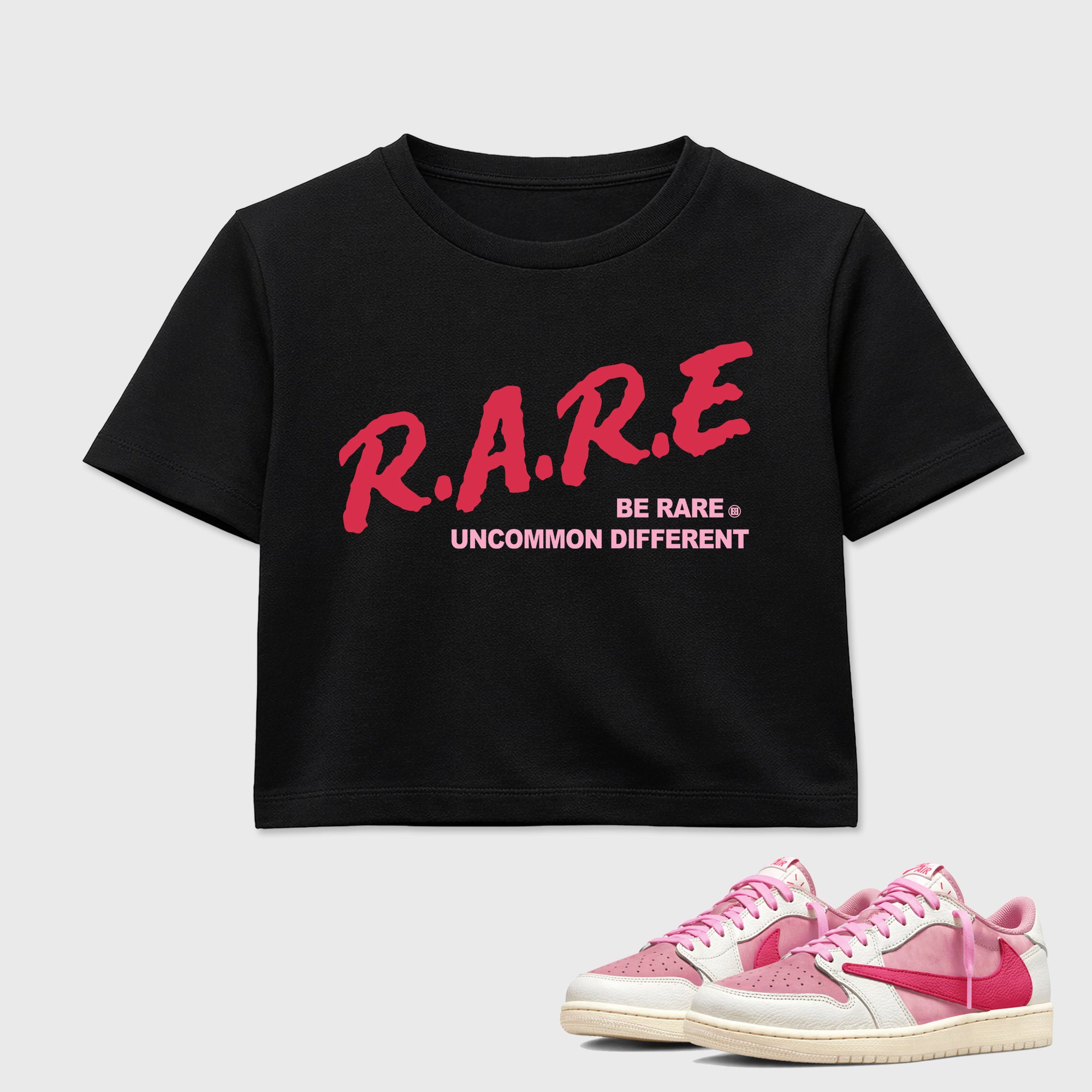 Perfect Sneakerhead Fashion Outfits – Sneaker Tees To Match Air Jordan 1 Low OG x Travis Scott Tropical Pink Shoes – Be Rare Uncommon Different Graphic Crop Top Black 1
