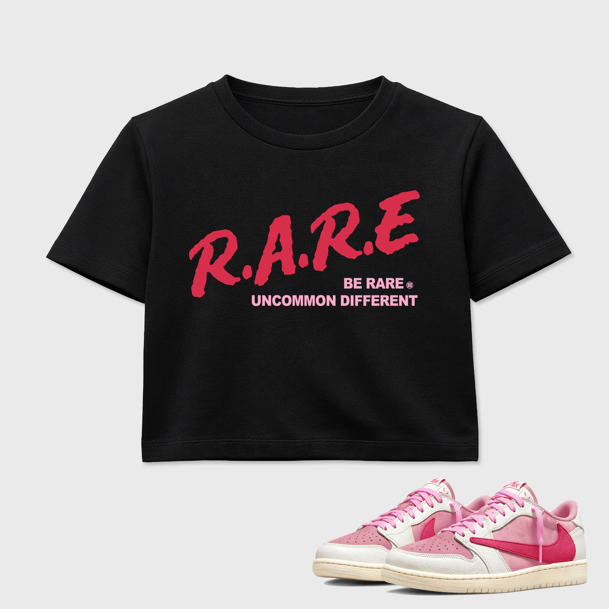 Perfect Sneakerhead Fashion Outfits – Sneaker Tees To Match Air Jordan 1 Low OG x Travis Scott Tropical Pink Shoes – Be Rare Uncommon Different Graphic Crop Top Black 1