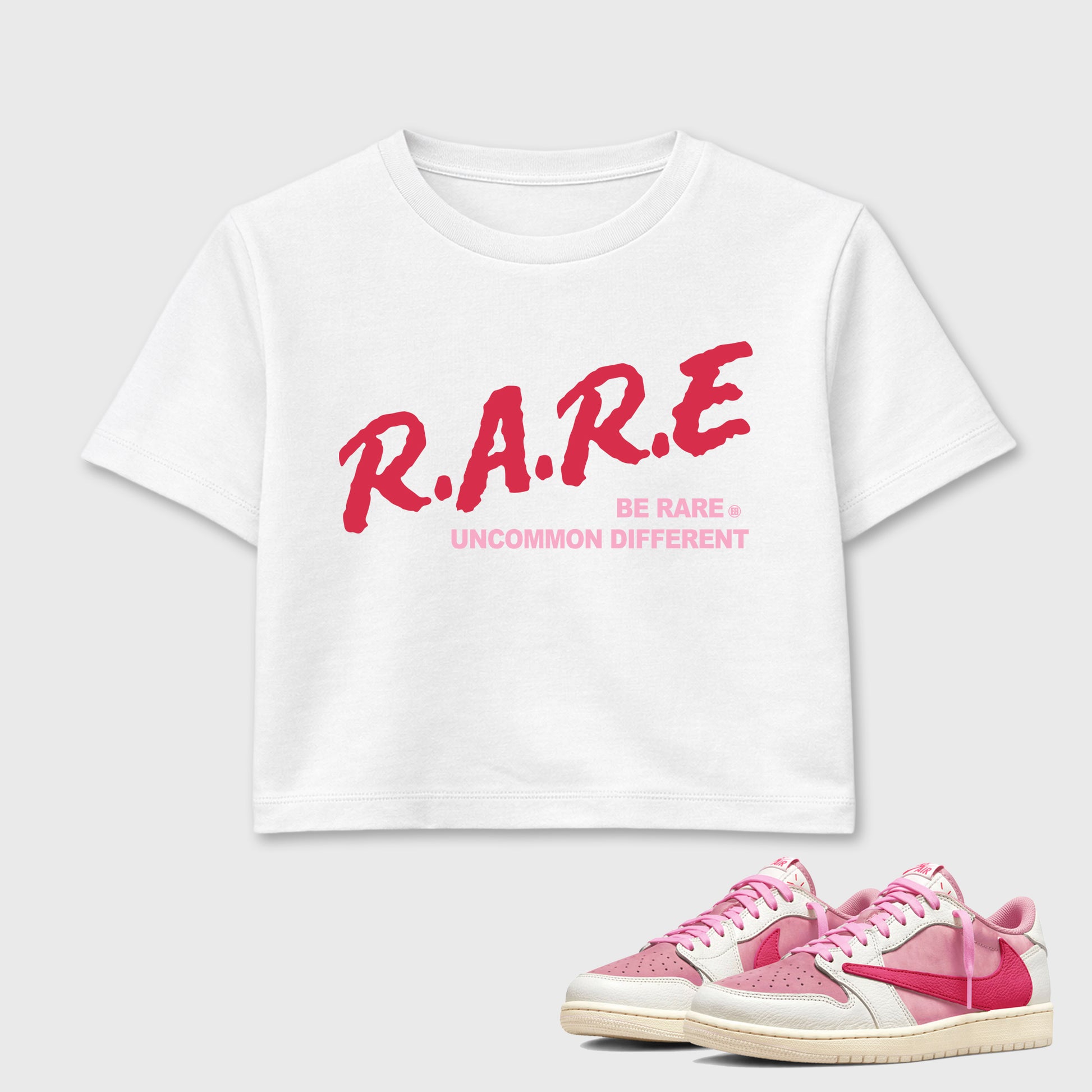 Perfect Sneakerhead Fashion Outfits – Sneaker Tees To Match Air Jordan 1 Low OG x Travis Scott Tropical Pink Shoes – Be Rare Uncommon Different Graphic Crop Top White 1