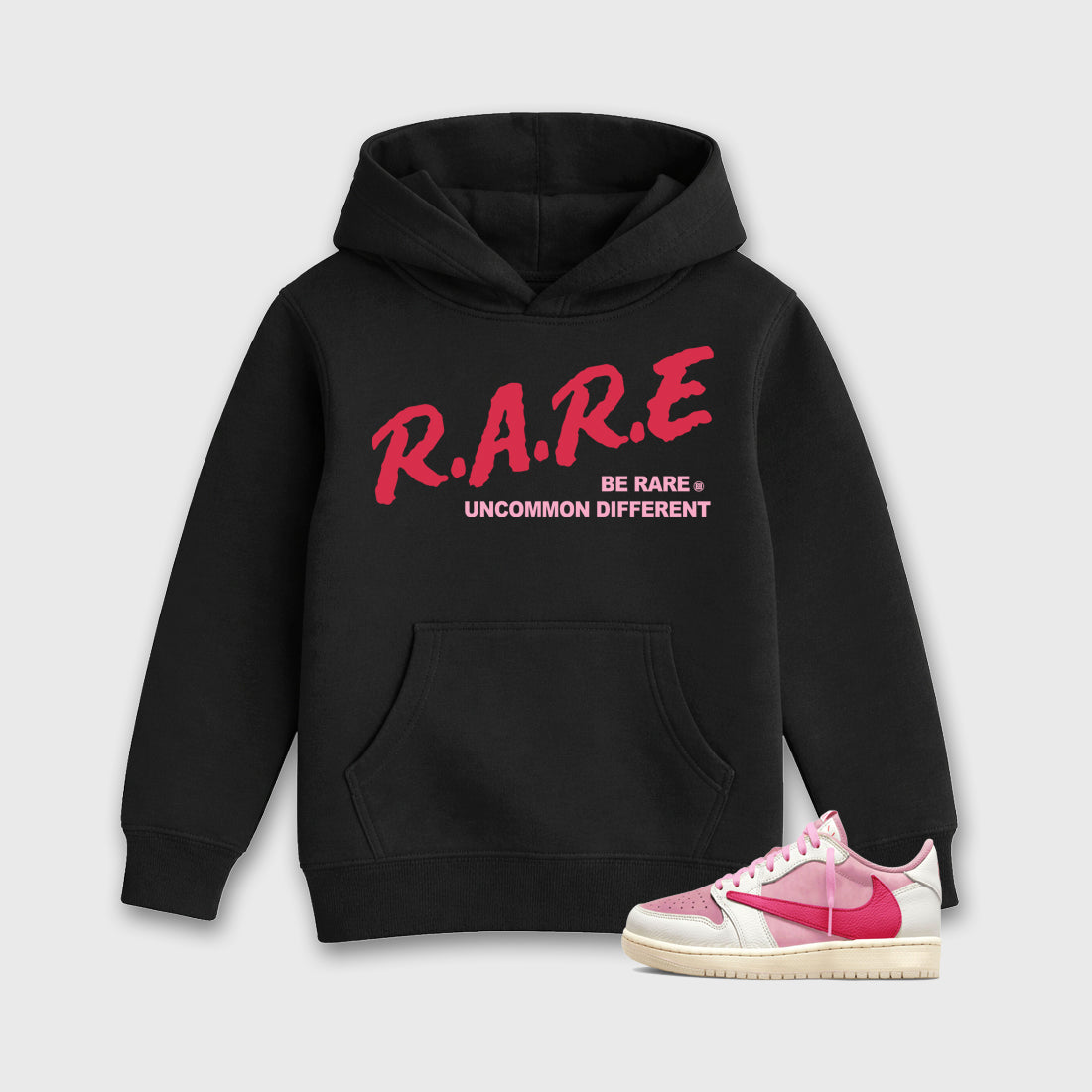 Perfect Sneakerhead Fashion Outfits – Sneaker Tees To Match Air Jordan 1 Low OG x Travis Scott Tropical Pink Shoes – Be Rare Uncommon Different Kids Graphic T-Shirt Black 1