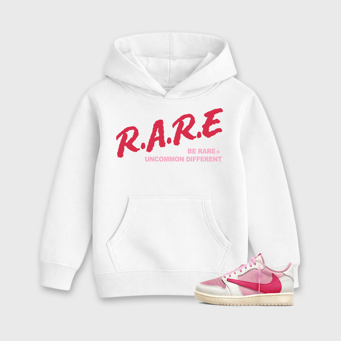 Perfect Sneakerhead Fashion Outfits – Sneaker Tees To Match Air Jordan 1 Low OG x Travis Scott Tropical Pink Shoes – Be Rare Uncommon Different Kids Graphic T-Shirt White 1