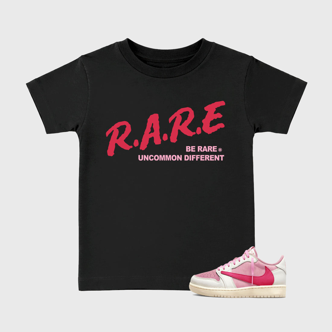 Perfect Sneakerhead Fashion Outfits – Sneaker Tees To Match Air Jordan 1 Low OG x Travis Scott Tropical Pink Shoes – Be Rare Uncommon Different Kids Graphic T-Shirt Black 1