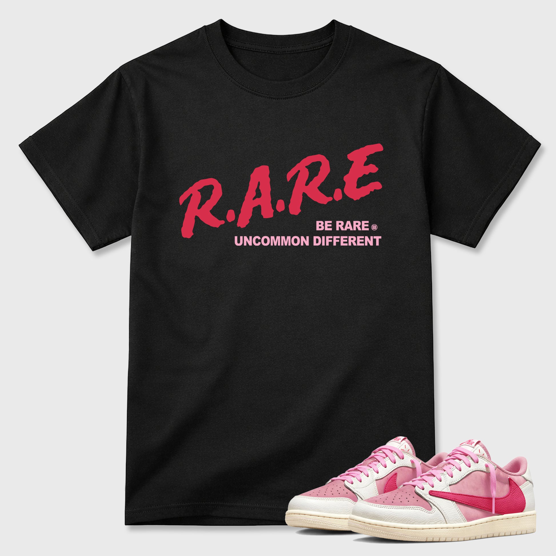 Perfect Sneakerhead Fashion Outfits – Sneaker Tees To Match Air Jordan 1 Low OG x Travis Scott Tropical Pink Shoes – Be Rare Uncommon Different Graphic Tee Black 1