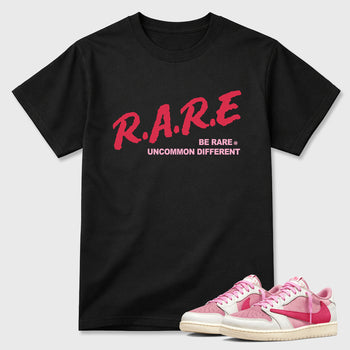 Perfect Sneakerhead Fashion Outfits – Sneaker Tees To Match Air Jordan 1 Low OG x Travis Scott Tropical Pink Shoes – Be Rare Uncommon Different Graphic Tee Black 1
