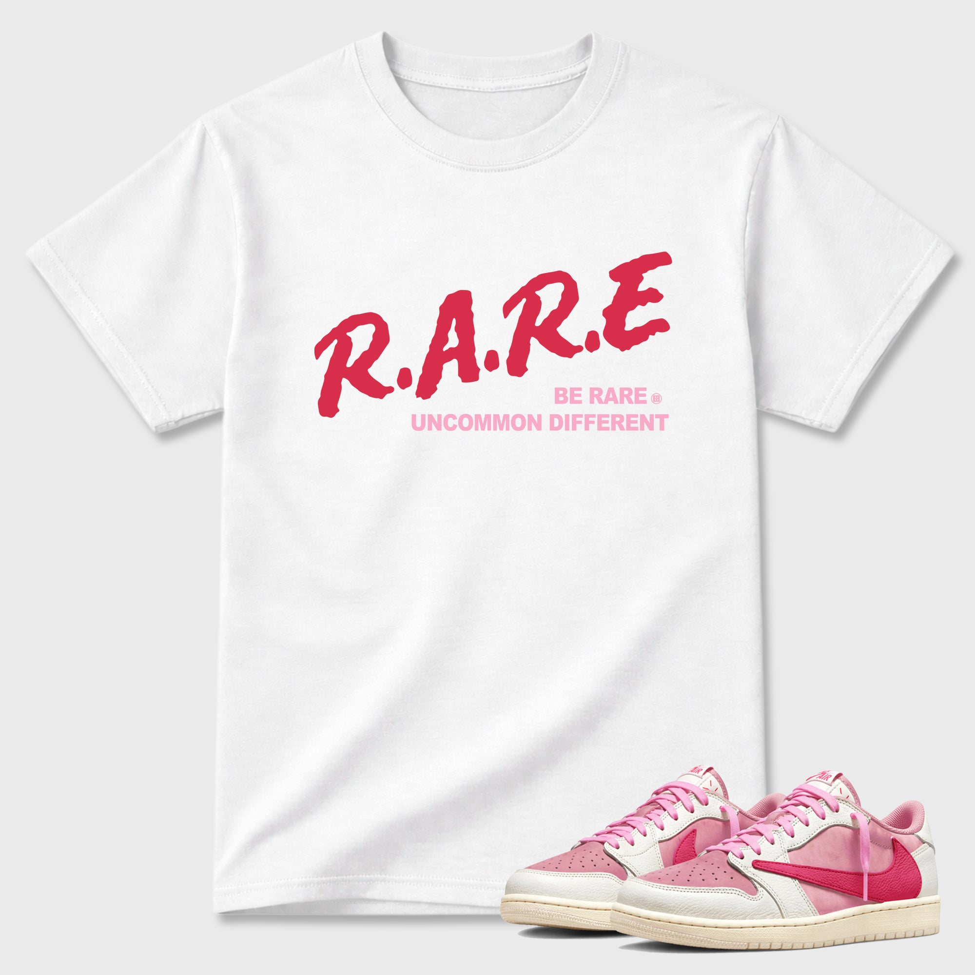 Perfect Sneakerhead Fashion Outfits – Sneaker Tees To Match Air Jordan 1 Low OG x Travis Scott Tropical Pink Shoes – Be Rare Uncommon Different Graphic Tee White 1