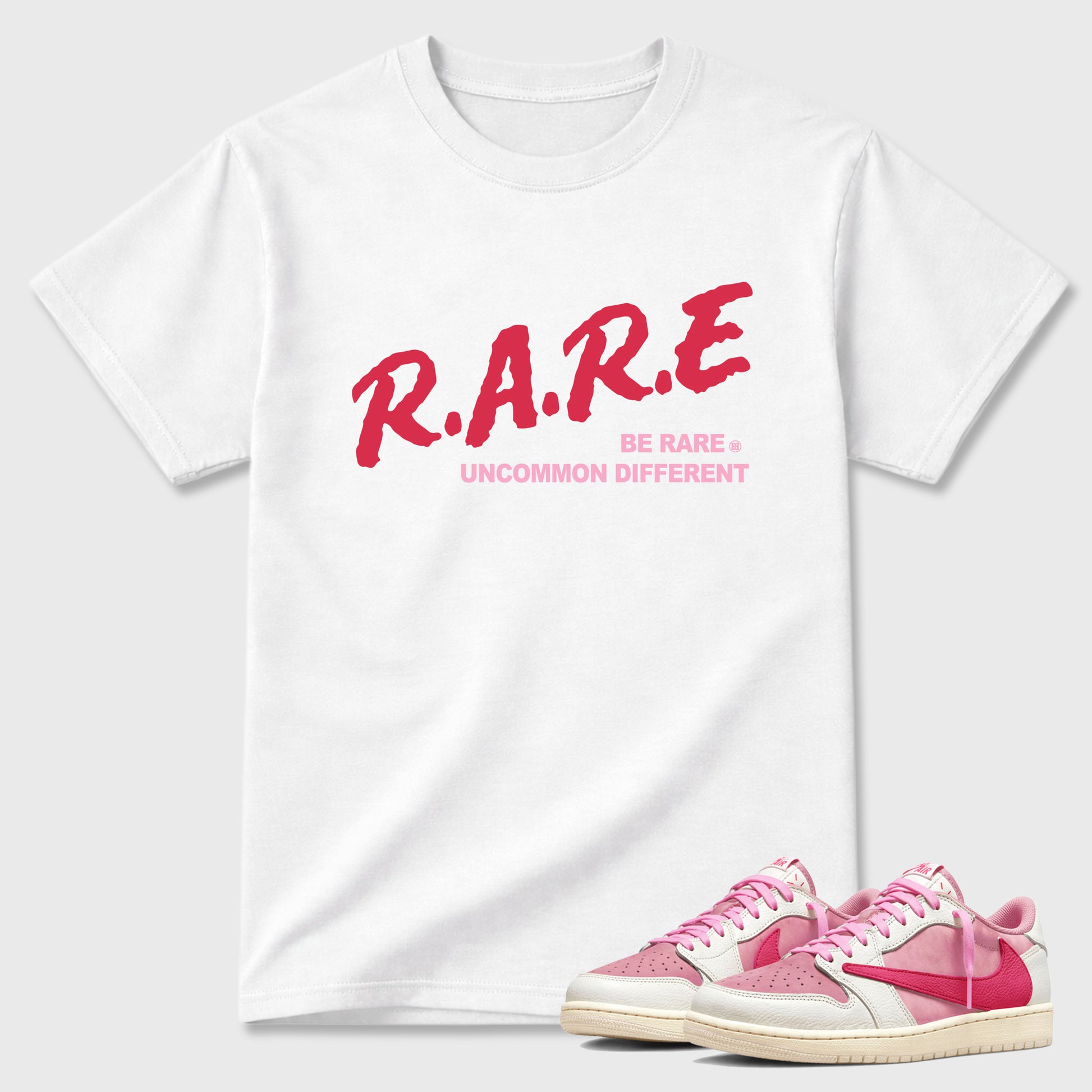 Perfect Sneakerhead Fashion Outfits – Sneaker Tees To Match Air Jordan 1 Low OG x Travis Scott Tropical Pink Shoes – Be Rare Uncommon Different Graphic Tee White 1