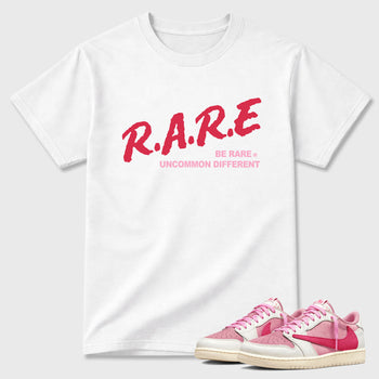 Perfect Sneakerhead Fashion Outfits – Sneaker Tees To Match Air Jordan 1 Low OG x Travis Scott Tropical Pink Shoes – Be Rare Uncommon Different Graphic Tee White 1