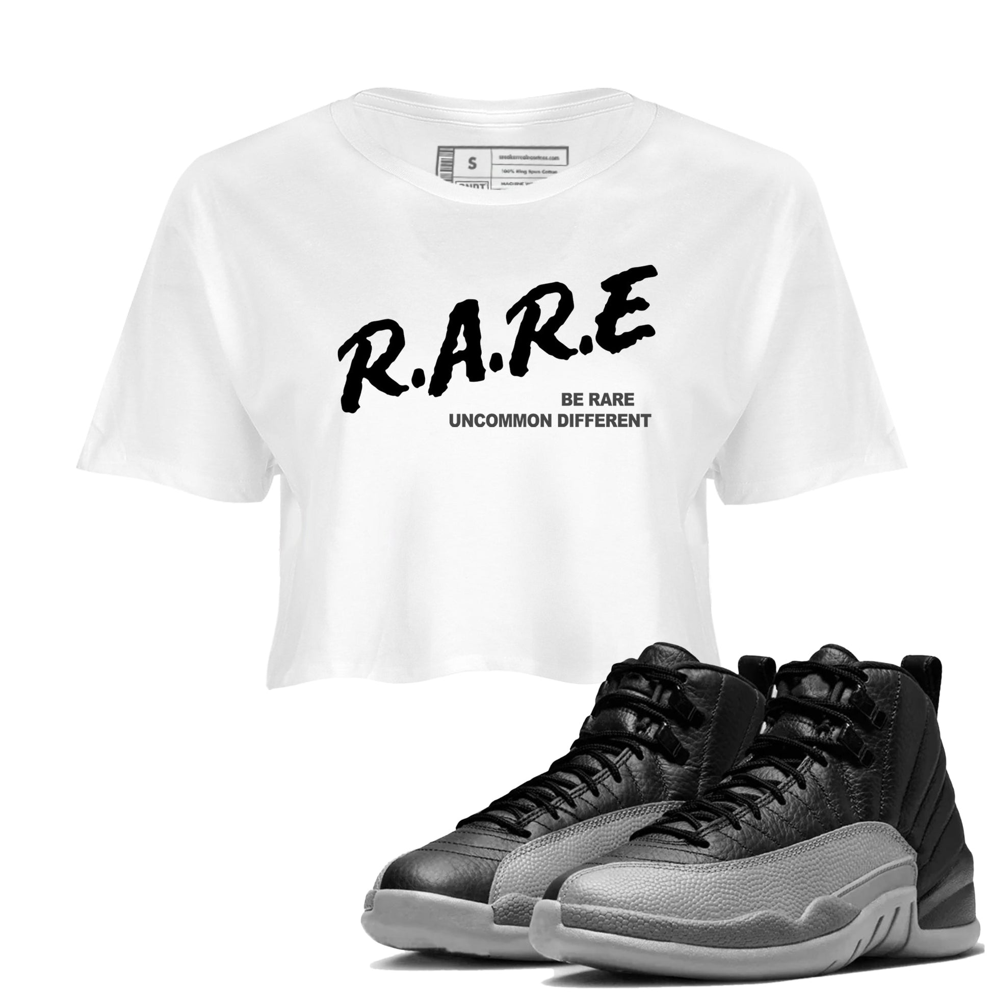 12s Black Wolf Grey shirts to match jordans Be Rare Uncommon Different sneaker match tees Air Jordan 12 Black Wolf Grey match shoes to clothes SNRT Sneaker Tees unisex cotton White 1 crop tee