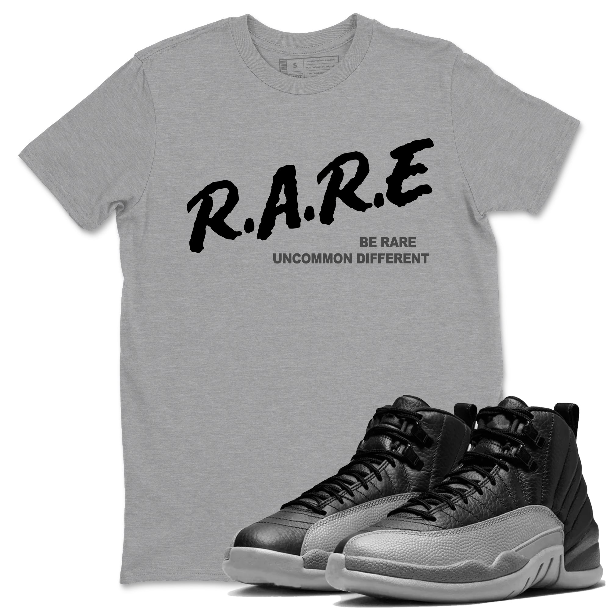 12s Black Wolf Grey shirts to match jordans Be Rare Uncommon Different sneaker match tees Air Jordan 12 Black Wolf Grey match shoes to clothes SNRT Sneaker Tees unisex cotton Heather Grey 1 shirts