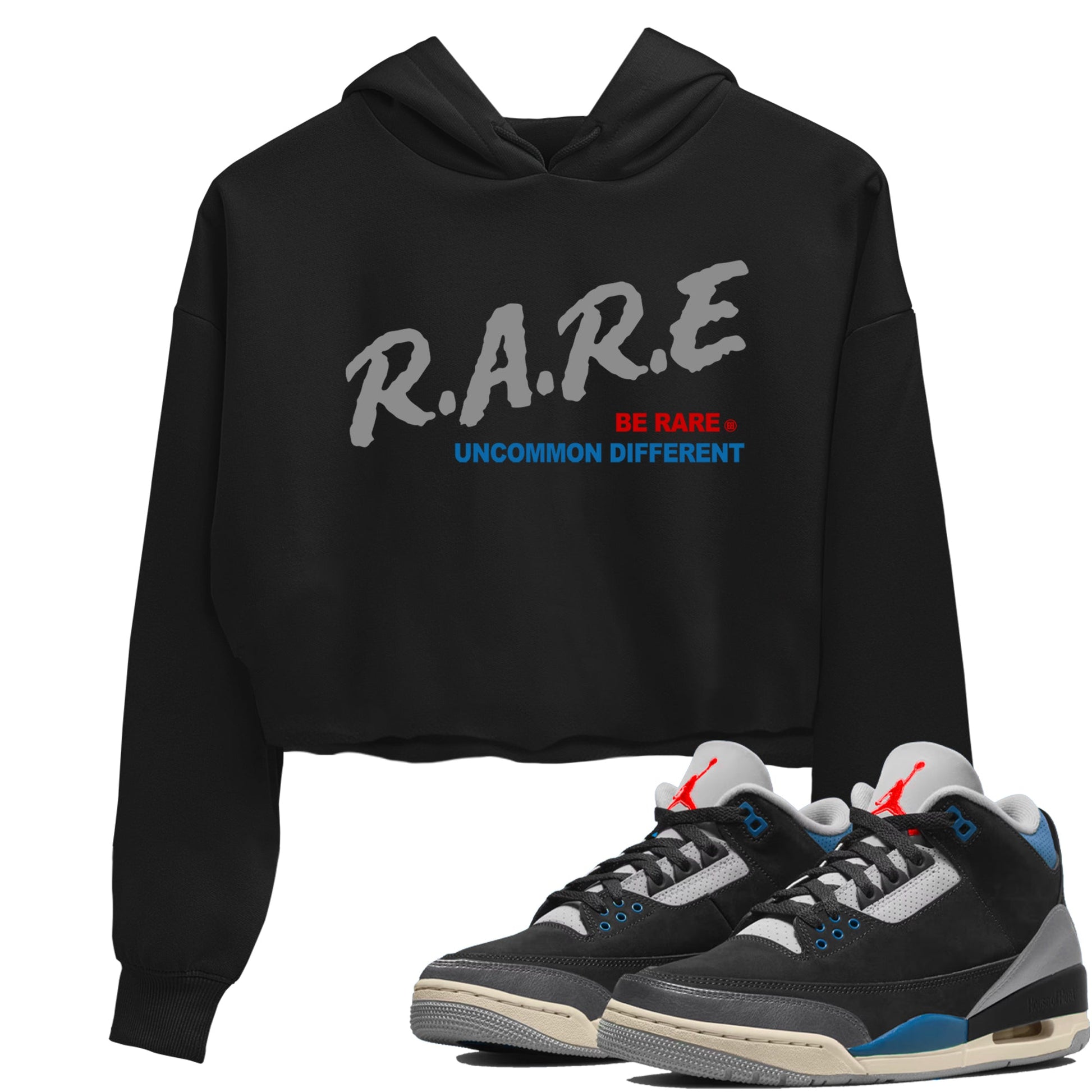 Be Rare Uncommon Different womens crop tee made to vibe with the Air Jordan 3 Rare Air sneakers — the perfect match in Black 1.
