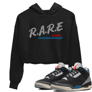 Be Rare Uncommon Different womens crop tee made to vibe with the Air Jordan 3 Rare Air sneakers — the perfect match in Black 1.