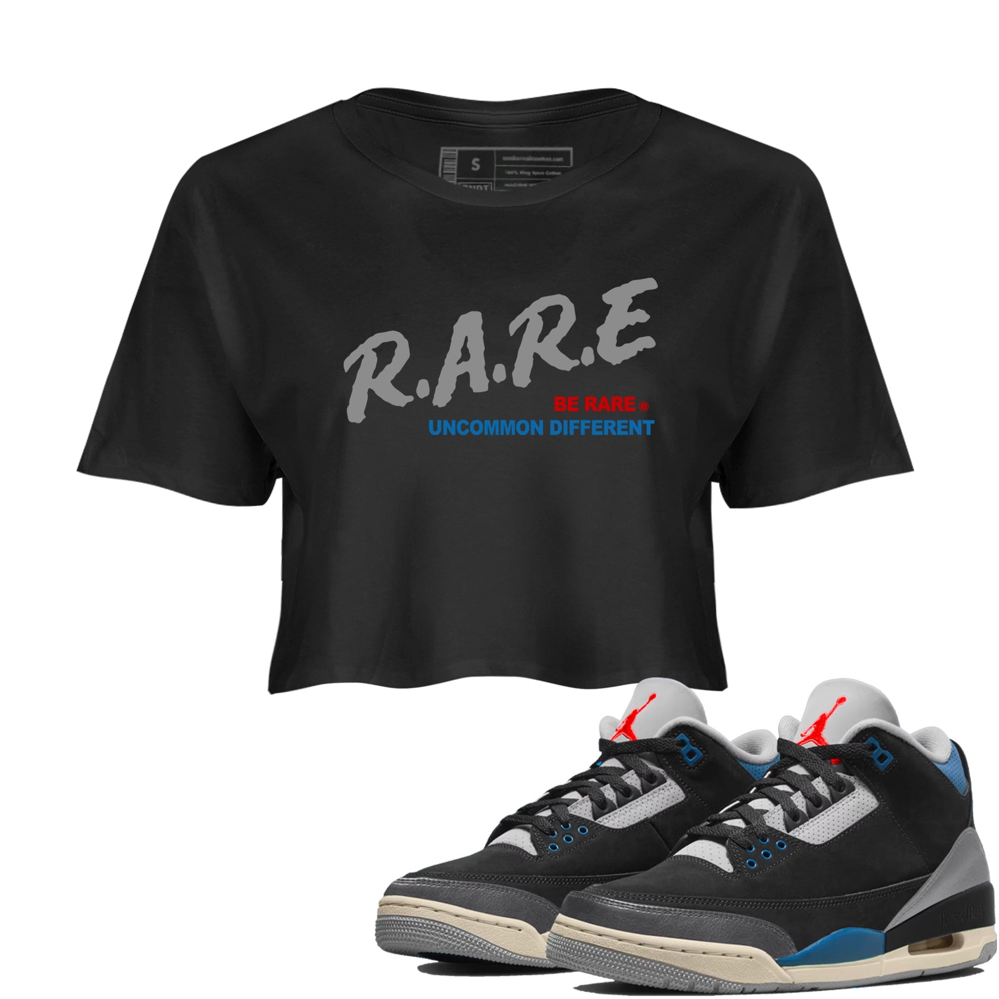 Be Rare Uncommon Different womens crop tee made to vibe with the Air Jordan 3 Rare Air sneakers — the perfect match in Black 1.