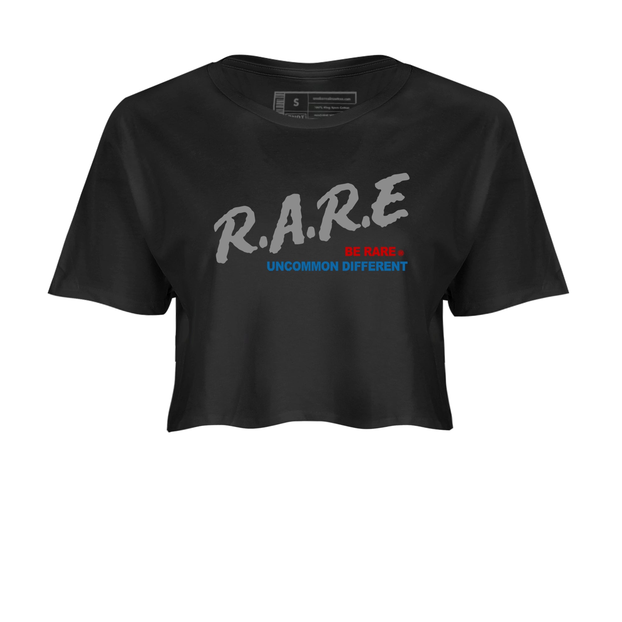 Be Rare Uncommon Different womens crop tee made to vibe with the Air Jordan 3 Rare Air sneakers — the perfect match in Black 2.