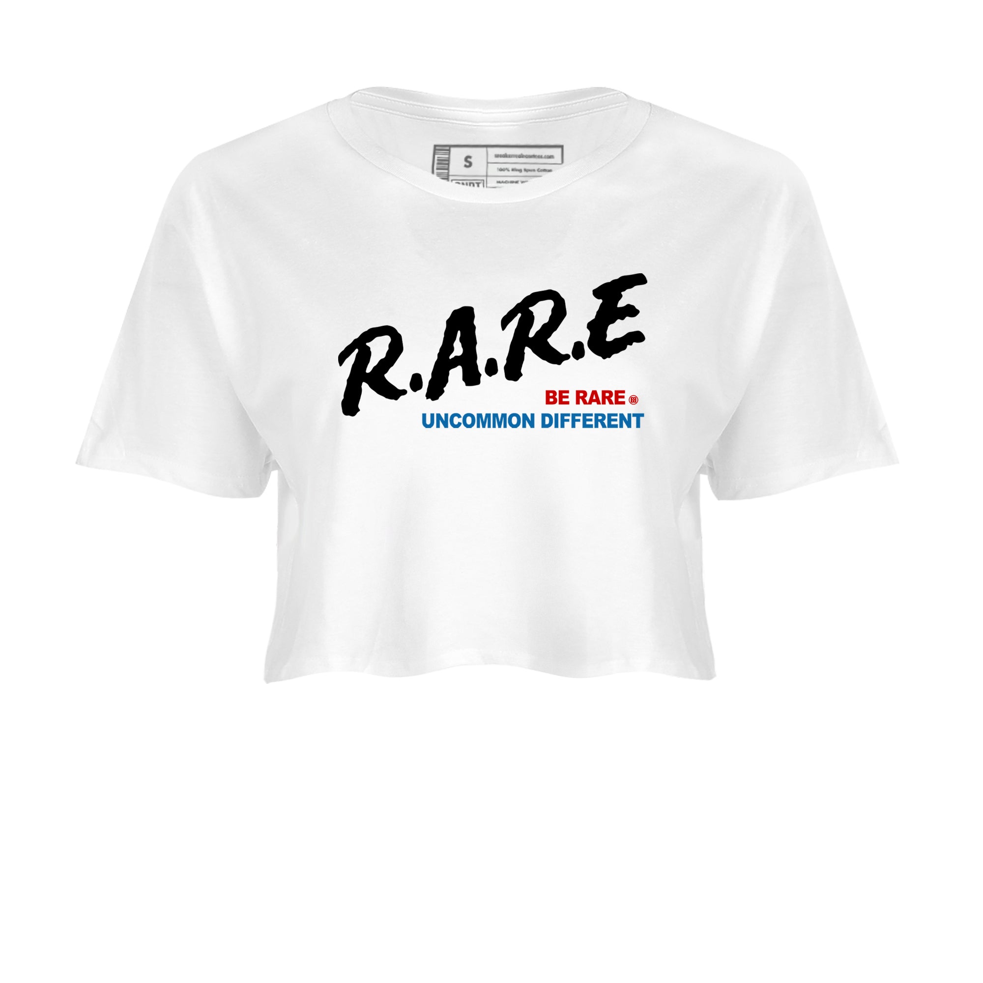 Be Rare Uncommon Different womens crop tee made to vibe with the Air Jordan 3 Rare Air sneakers — the perfect match in White 2.