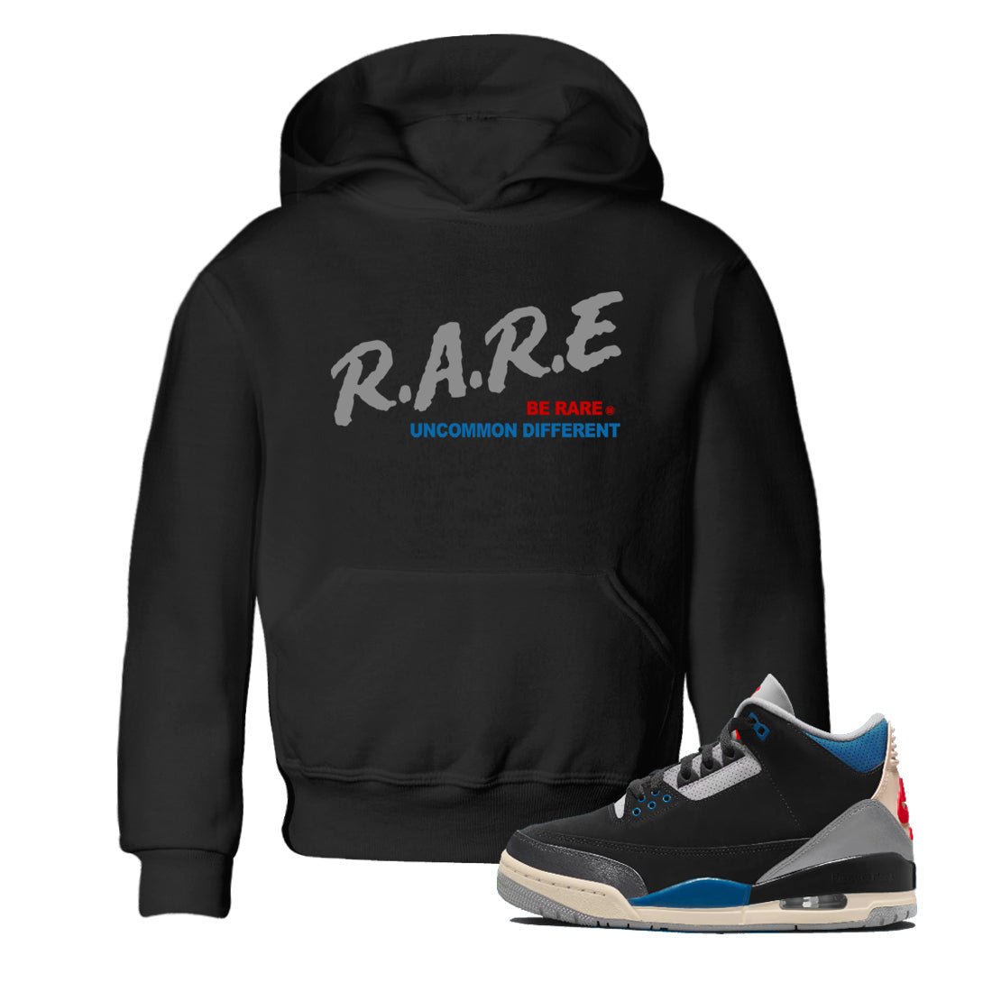 Be Rare Uncommon Different baby and kids t-shirt crafted for little sneakerheads to shine with the Air Jordan 3 Rare Air sneakers, displayed in Black 1.