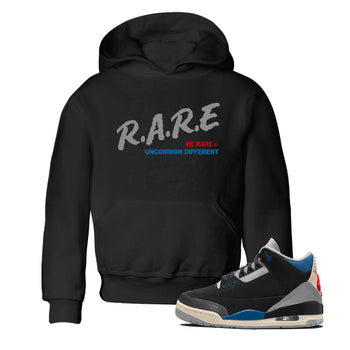 Be Rare Uncommon Different baby and kids t-shirt crafted for little sneakerheads to shine with the Air Jordan 3 Rare Air sneakers, displayed in Black 1.