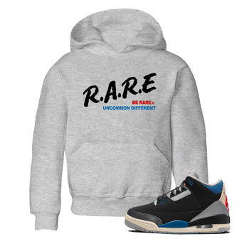 Be Rare Uncommon Different baby and kids t-shirt crafted for little sneakerheads to shine with the Air Jordan 3 Rare Air sneakers, displayed in Heather Grey 1.