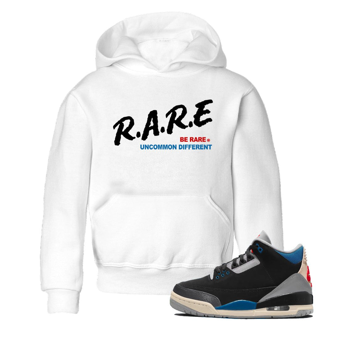 Be Rare Uncommon Different baby and kids t-shirt crafted for little sneakerheads to shine with the Air Jordan 3 Rare Air sneakers, displayed in White 1.