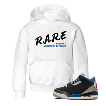 Be Rare Uncommon Different baby and kids t-shirt crafted for little sneakerheads to shine with the Air Jordan 3 Rare Air sneakers, displayed in White 1.