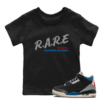 Be Rare Uncommon Different baby and kids t-shirt crafted for little sneakerheads to shine with the Air Jordan 3 Rare Air sneakers, displayed in Black 1.