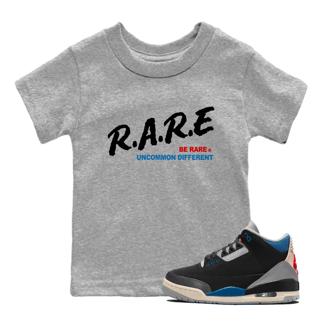 Be Rare Uncommon Different baby and kids t-shirt crafted for little sneakerheads to shine with the Air Jordan 3 Rare Air sneakers, displayed in Heather Grey 1.
