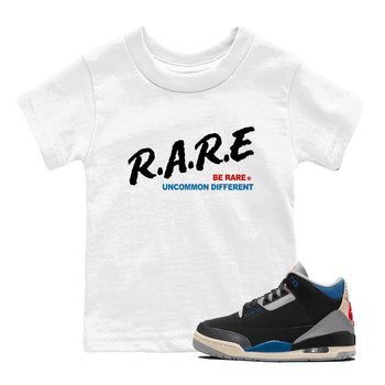 Be Rare Uncommon Different baby and kids t-shirt crafted for little sneakerheads to shine with the Air Jordan 3 Rare Air sneakers, displayed in White 1.