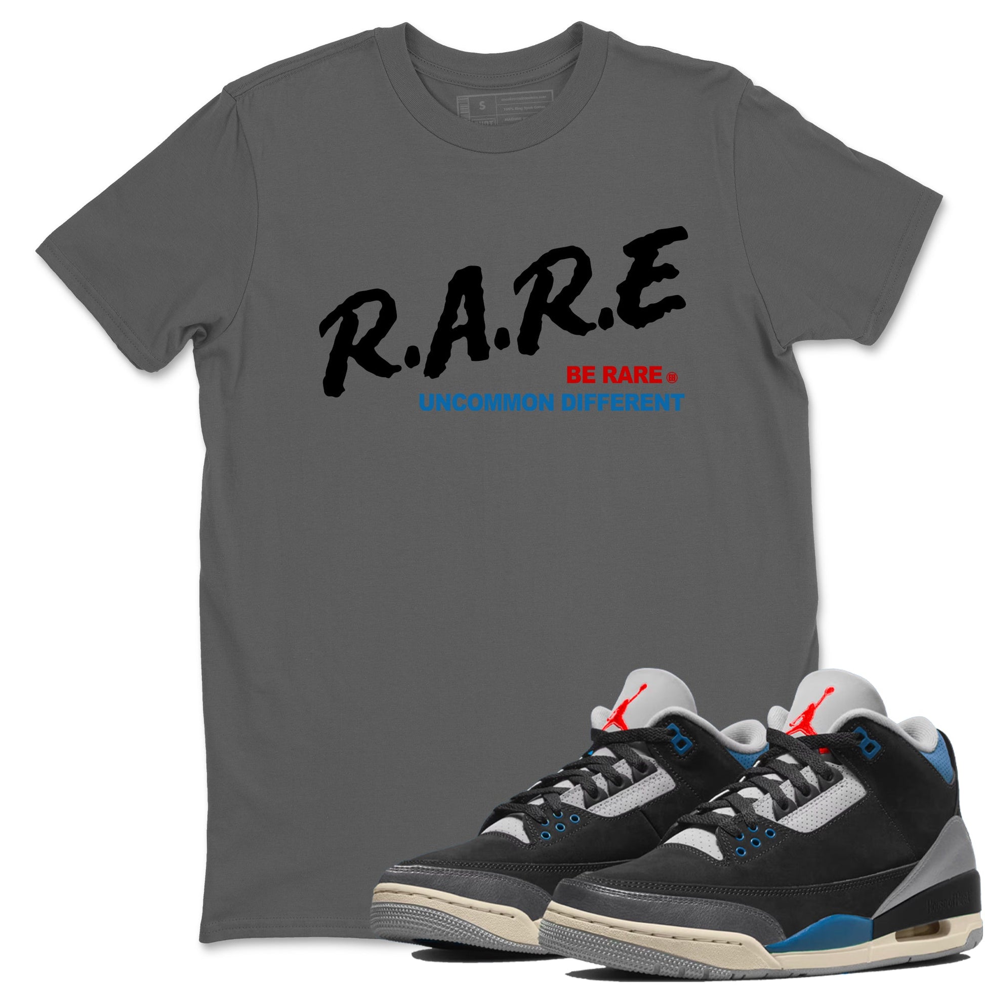 Be Rare Uncommon Different sneaker match t-shirt styled to complete your fit with the Air Jordan 3 Rare Air sneakers, shown in Cool Grey 1.