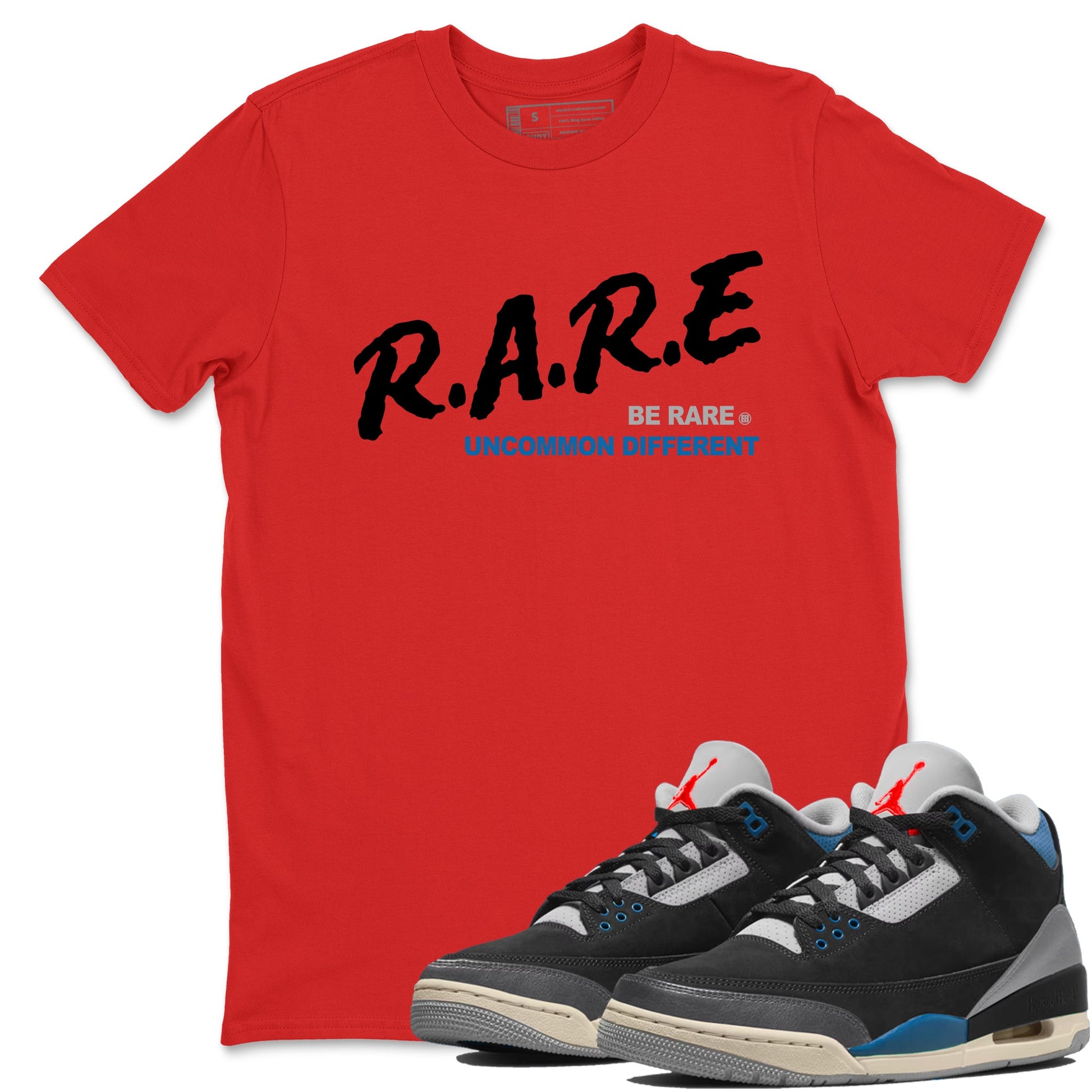 Be Rare Uncommon Different sneaker match t-shirt styled to complete your fit with the Air Jordan 3 Rare Air sneakers, shown in Red 1.