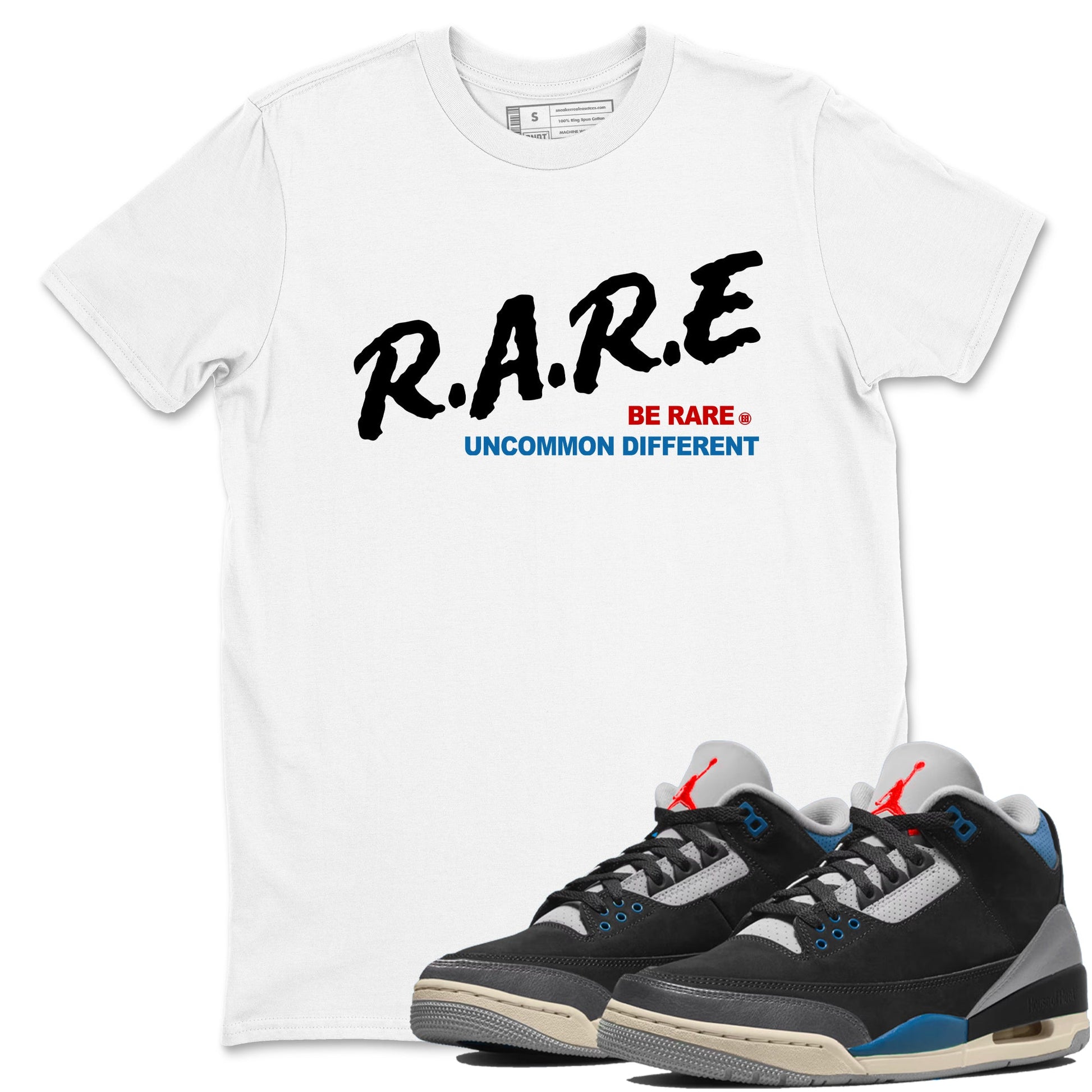 Be Rare Uncommon Different sneaker match t-shirt styled to complete your fit with the Air Jordan 3 Rare Air sneakers, shown in White 1.