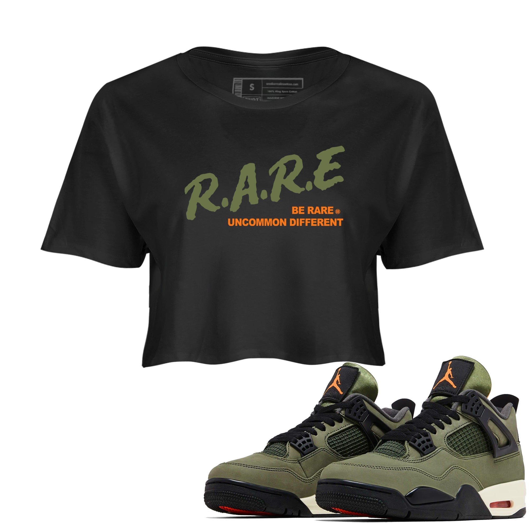 Sneaker match tees – Sneaker Tees To Match Undefeated inspired colorways Air Jordan 4 OG Olive Shoes  – Be Rare Uncommon Different Crop T-Shirt Black 1