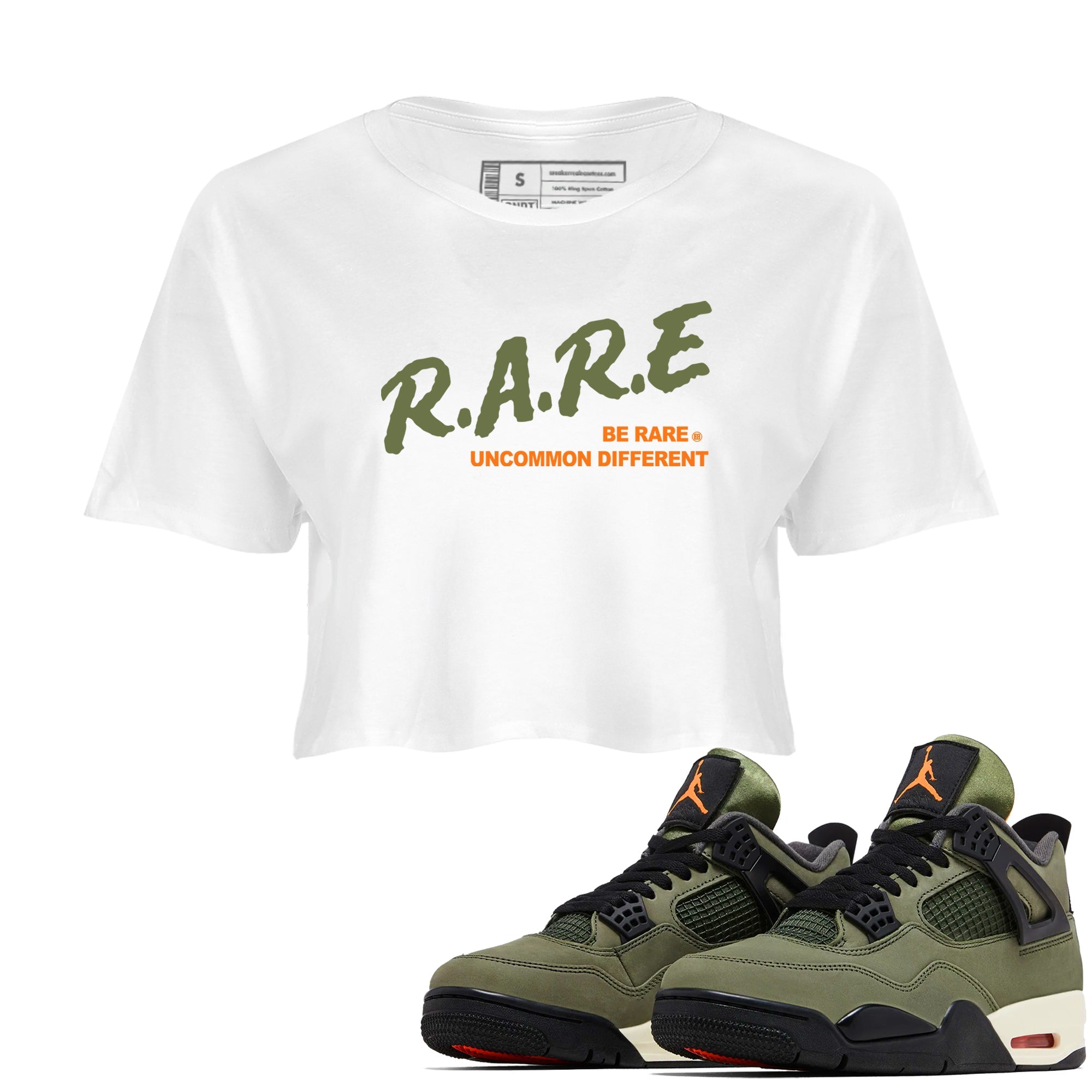 Sneaker match tees – Sneaker Tees To Match Undefeated inspired colorways Air Jordan 4 OG Olive Shoes  – Be Rare Uncommon Different Crop T-Shirt White 1
